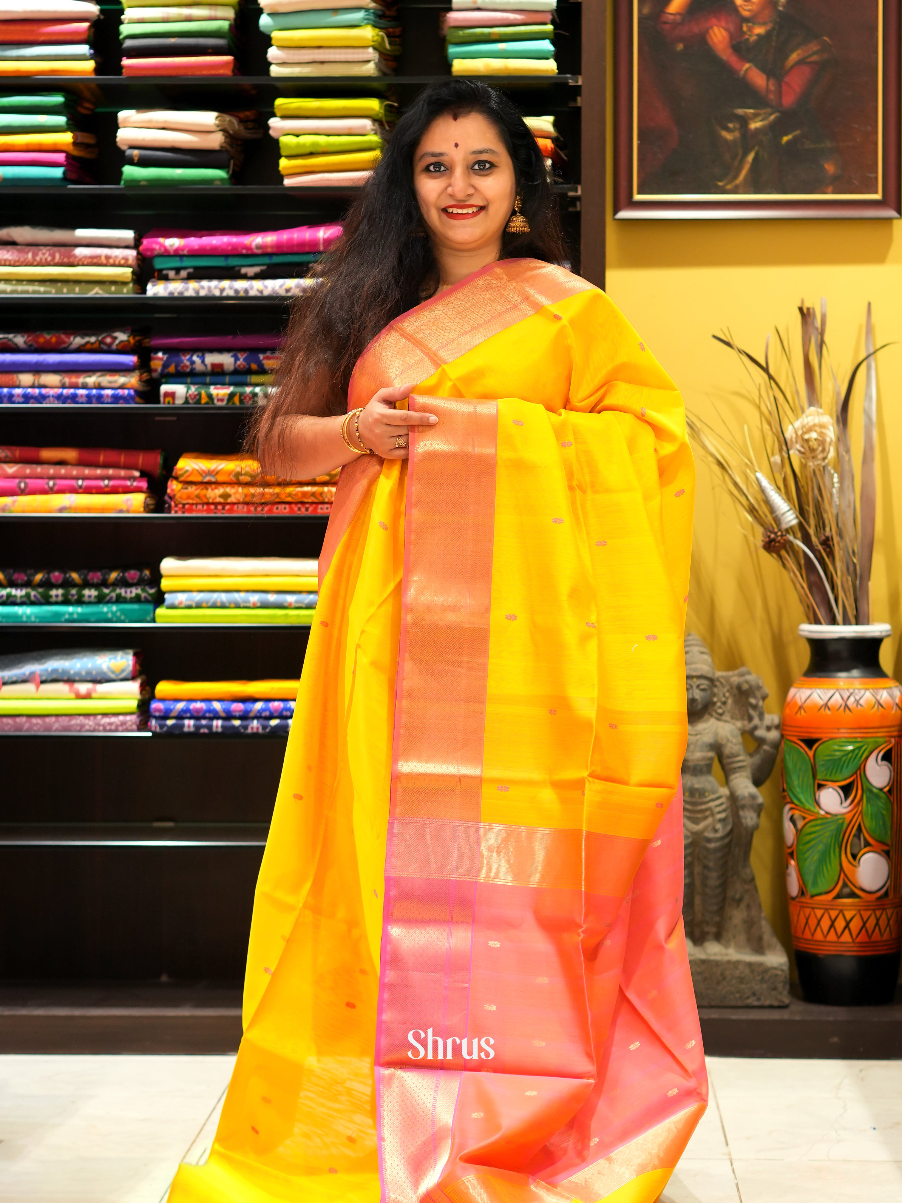 Yellow & Orangish Pink - Maheswari sico Saree - Shop on ShrusEternity.com