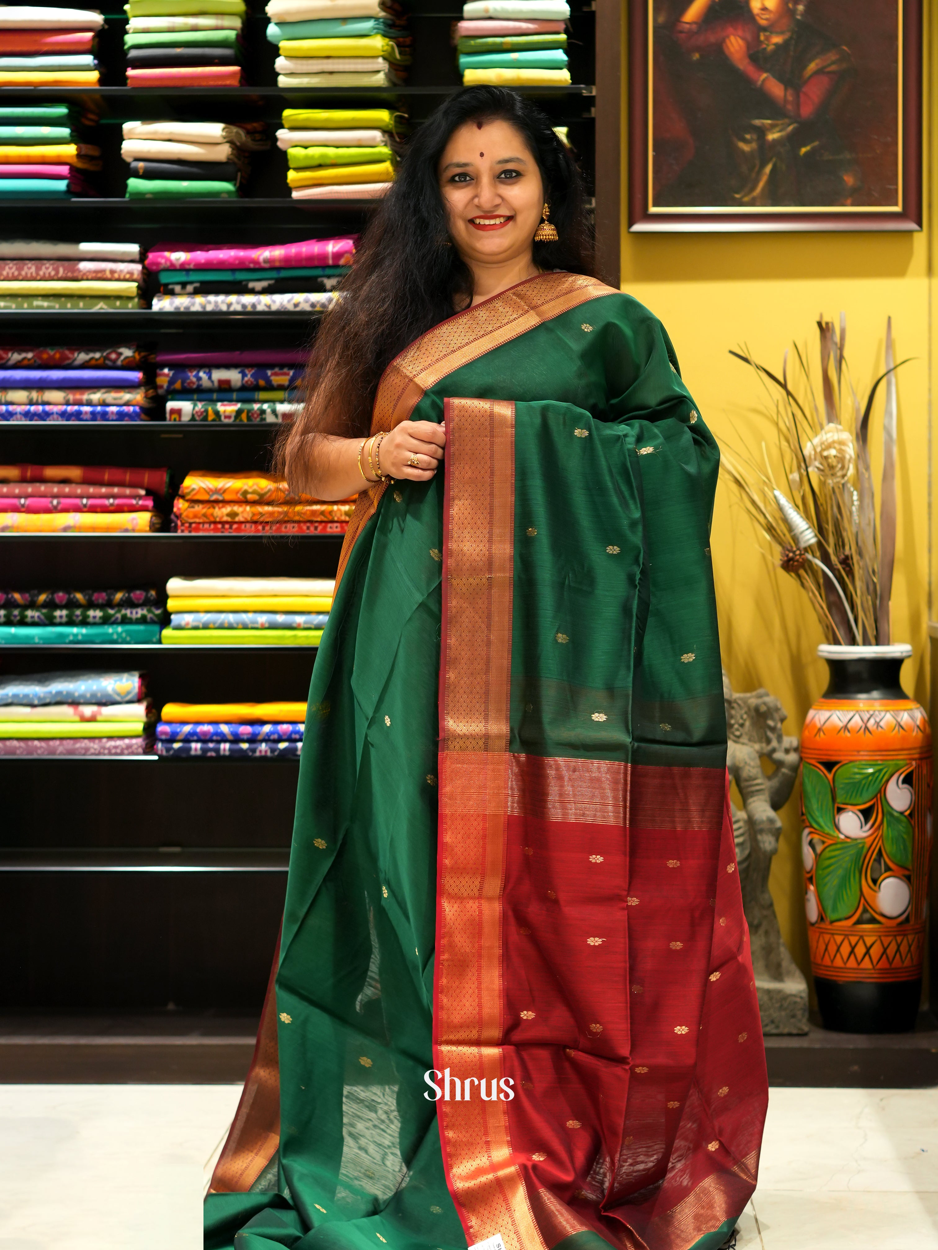 Green & Red - Maheswari sico Saree - Shop on ShrusEternity.com