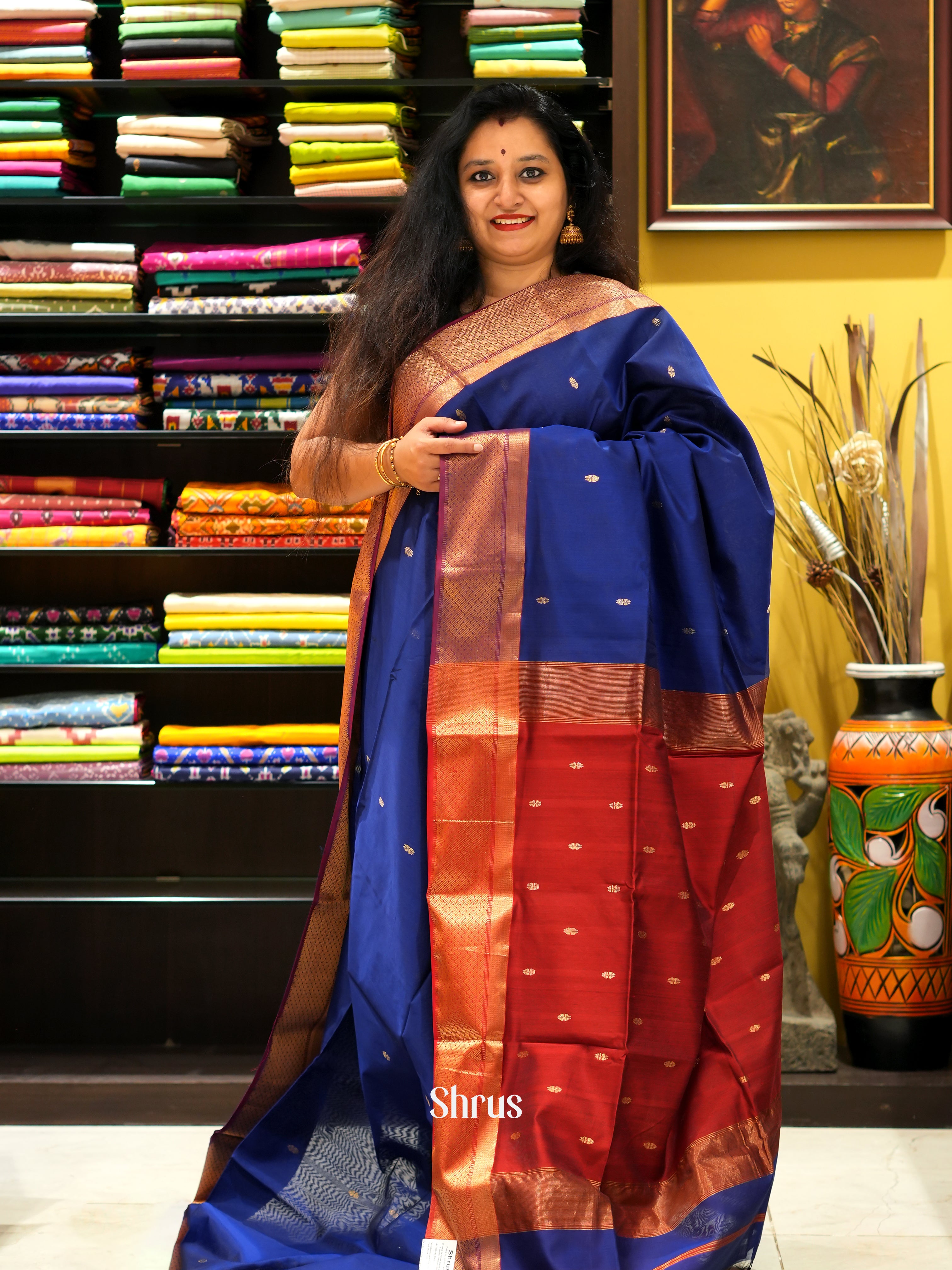 Blue & Red- Maheswari sico Saree - Shop on ShrusEternity.com