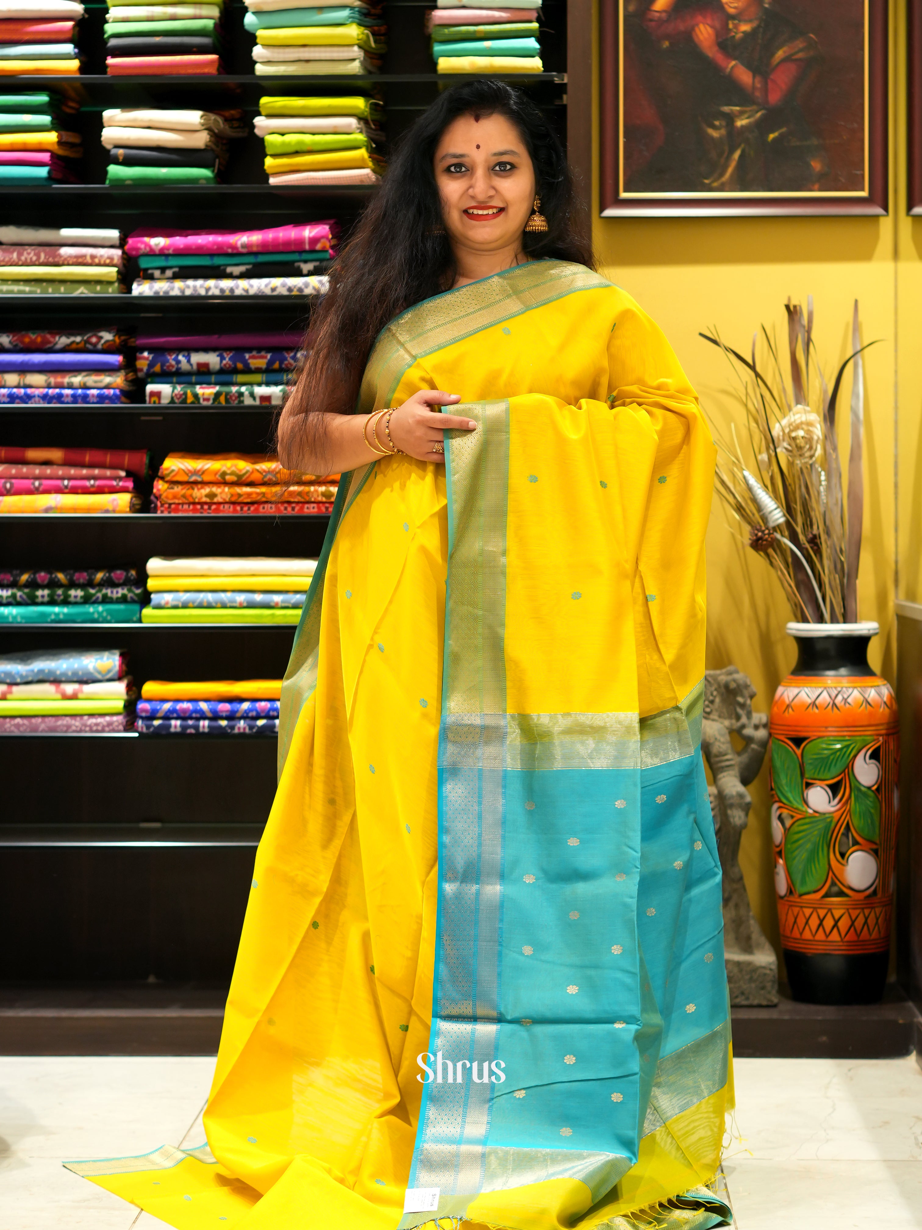 Yellow & Teal - Maheswari sico Saree - Shop on ShrusEternity.com