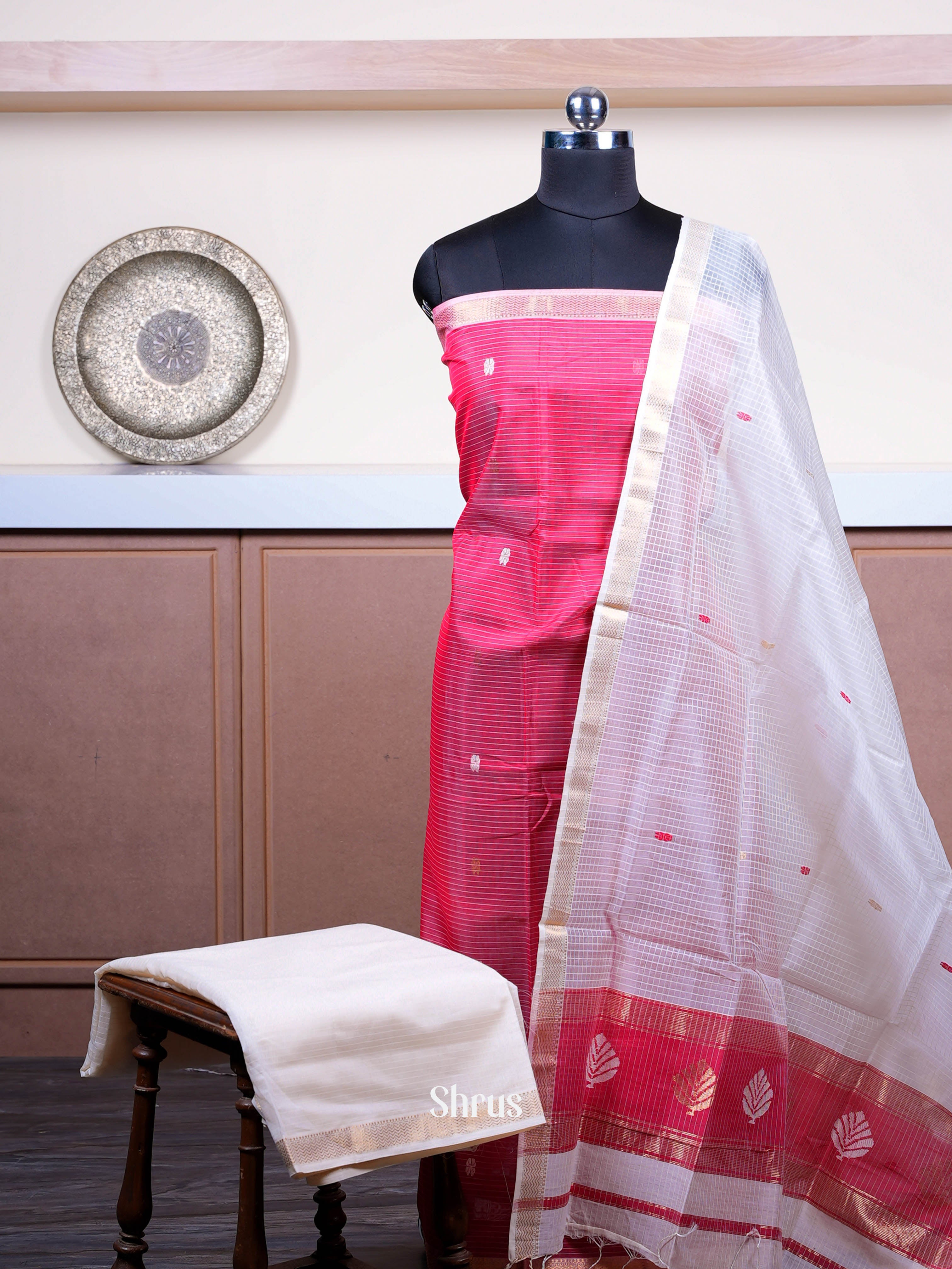 Cream & Rosy Red - Maheshwari silkcotton salwar - Shop on ShrusEternity.com