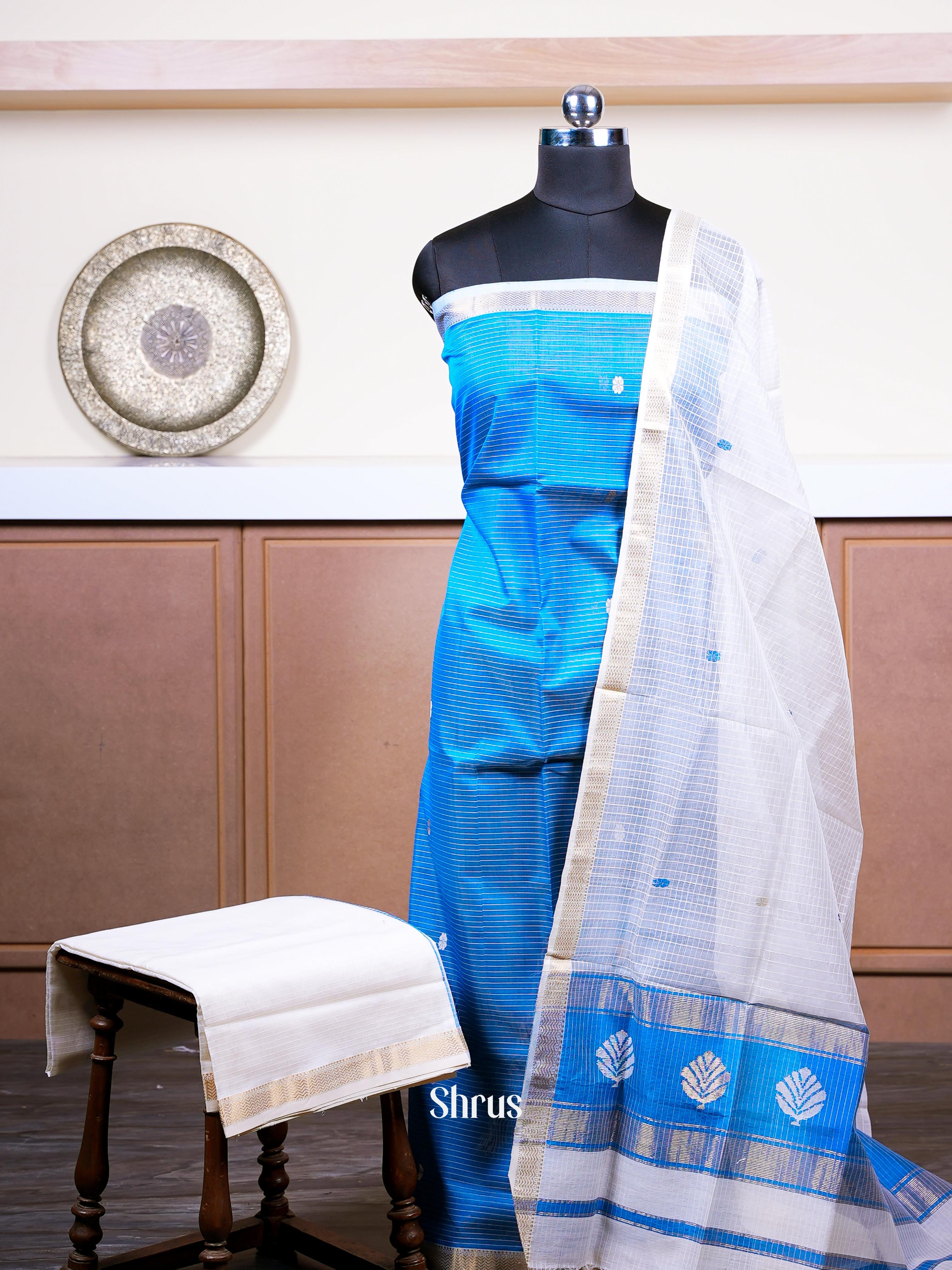 Blue & Cream - Maheshwari silkcotton salwar - Shop on ShrusEternity.com