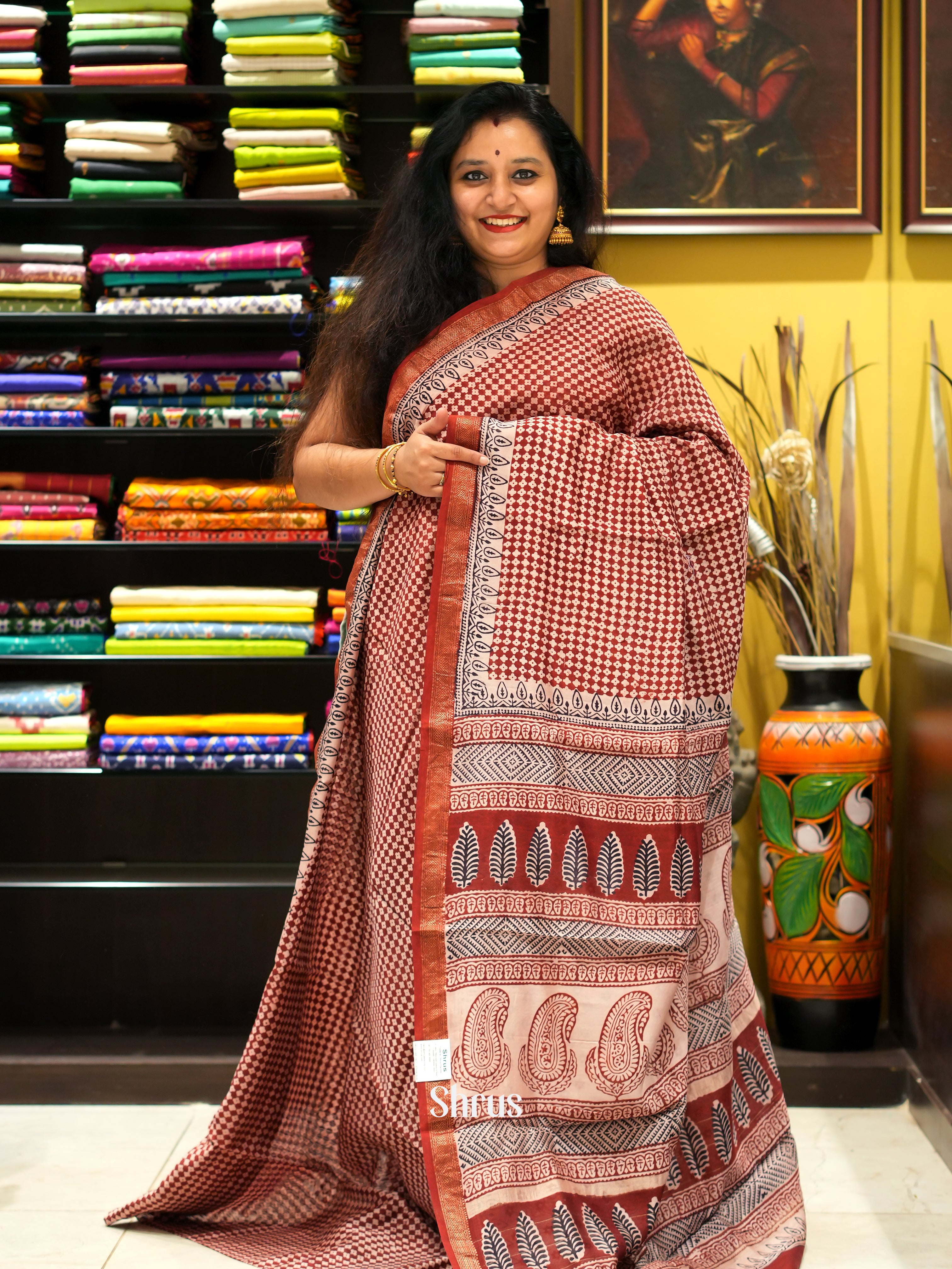 Maroon & Cream - Maheswari sico Saree - Shop on ShrusEternity.com