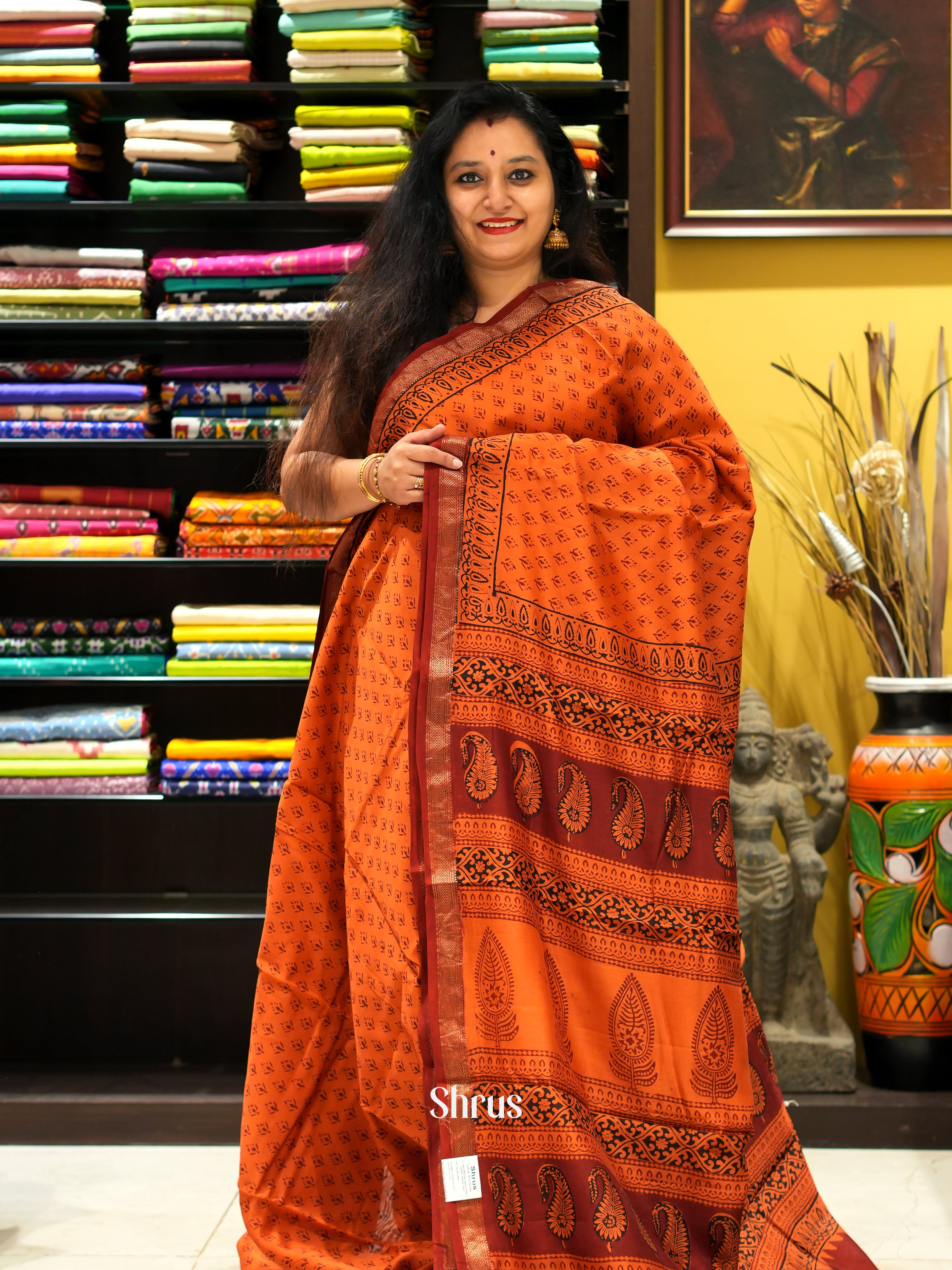 Orange & Brown - Maheswari sico Saree - Shop on ShrusEternity.com