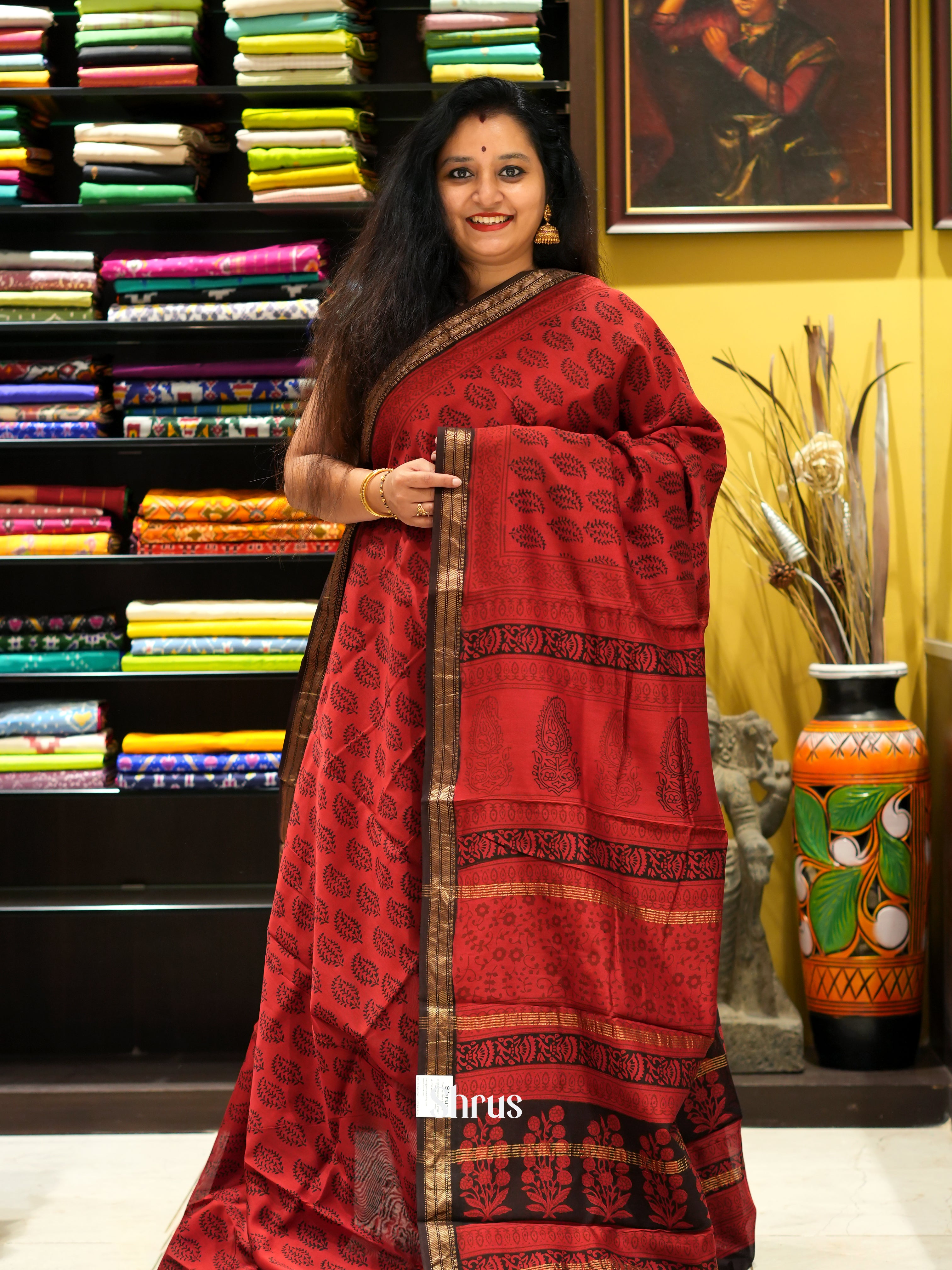 Red & Black - Maheswari sico Saree - Shop on ShrusEternity.com