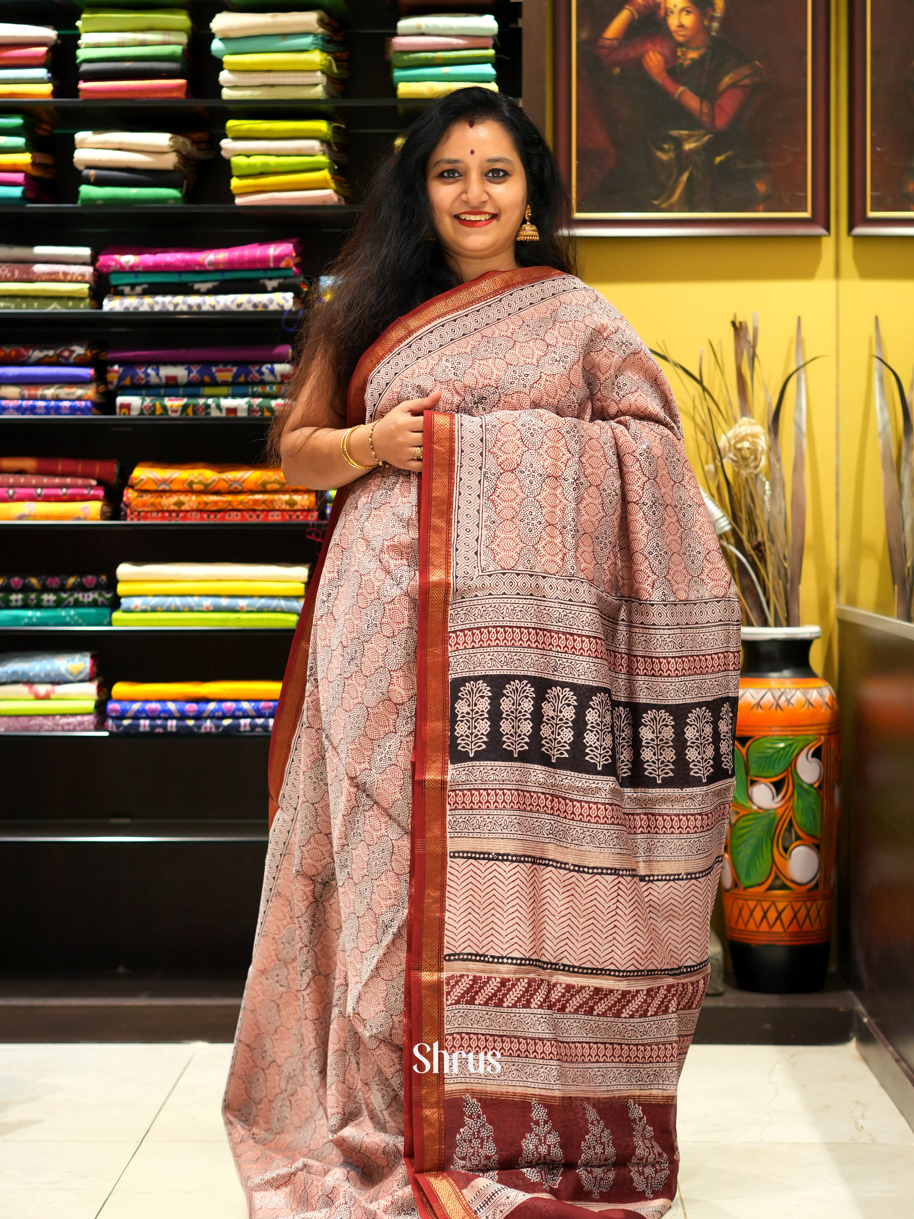 Cream & Maroon - Maheswari sico Saree - Shop on ShrusEternity.com