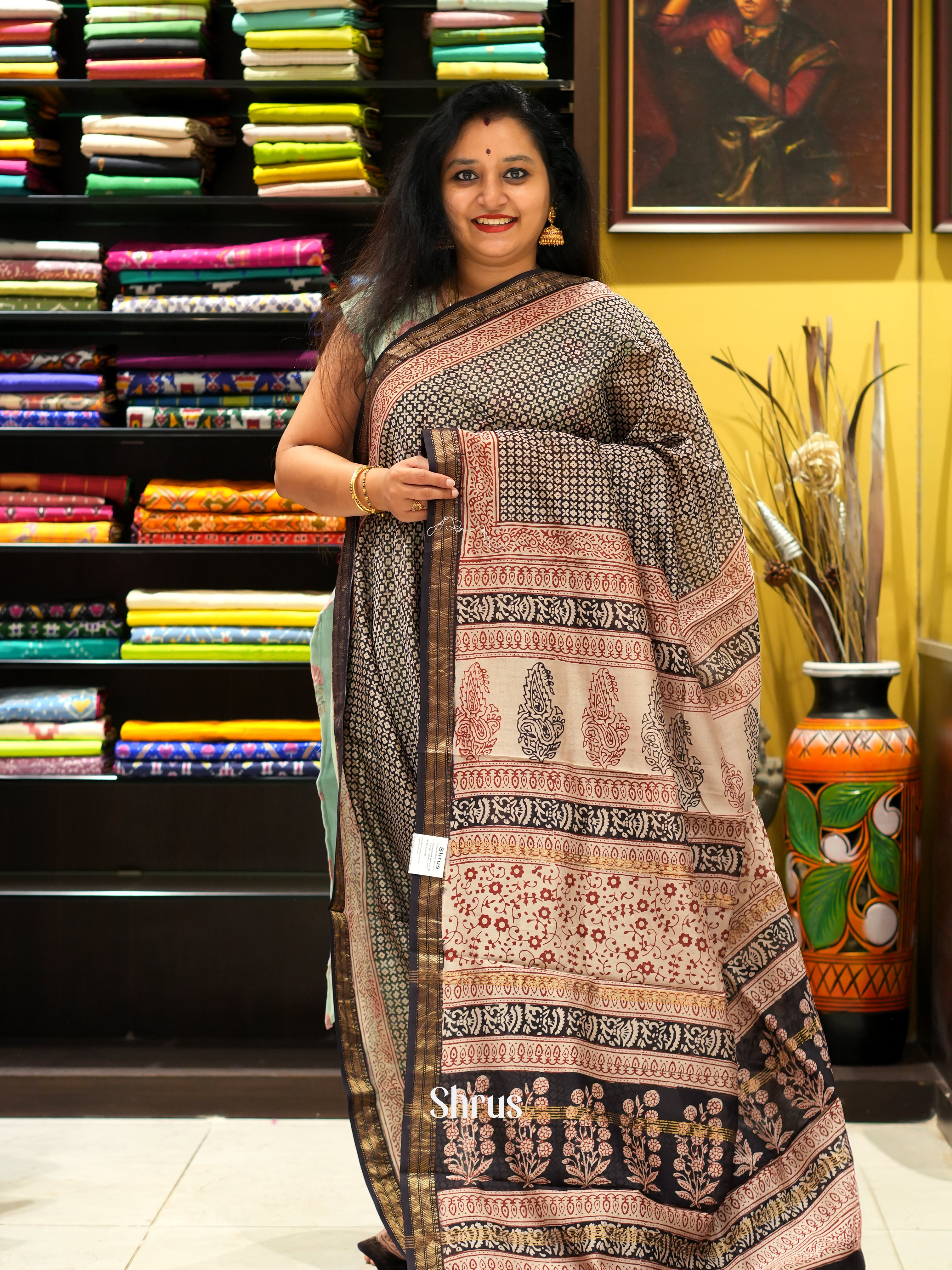 Cream & Black- Maheswari sico Saree - Shop on ShrusEternity.com