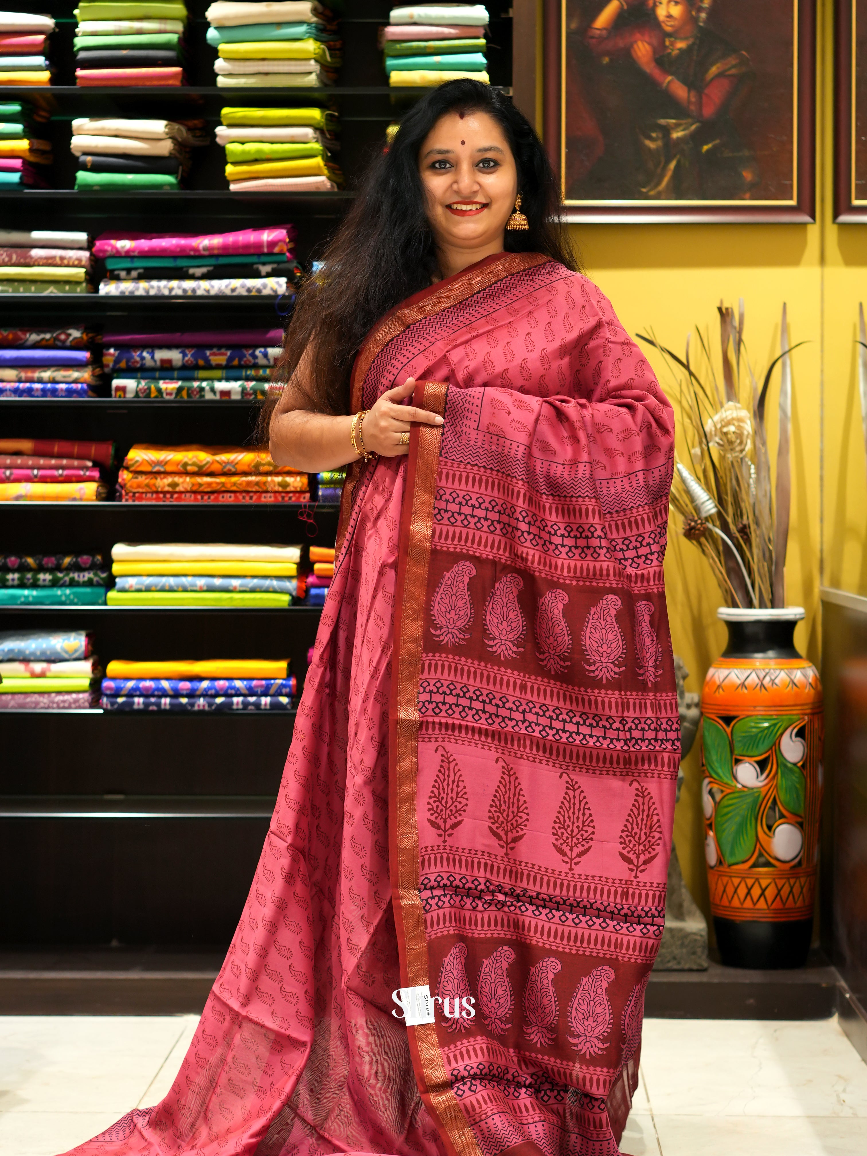 Pink & Maroon - Maheswari sico Saree - Shop on ShrusEternity.com