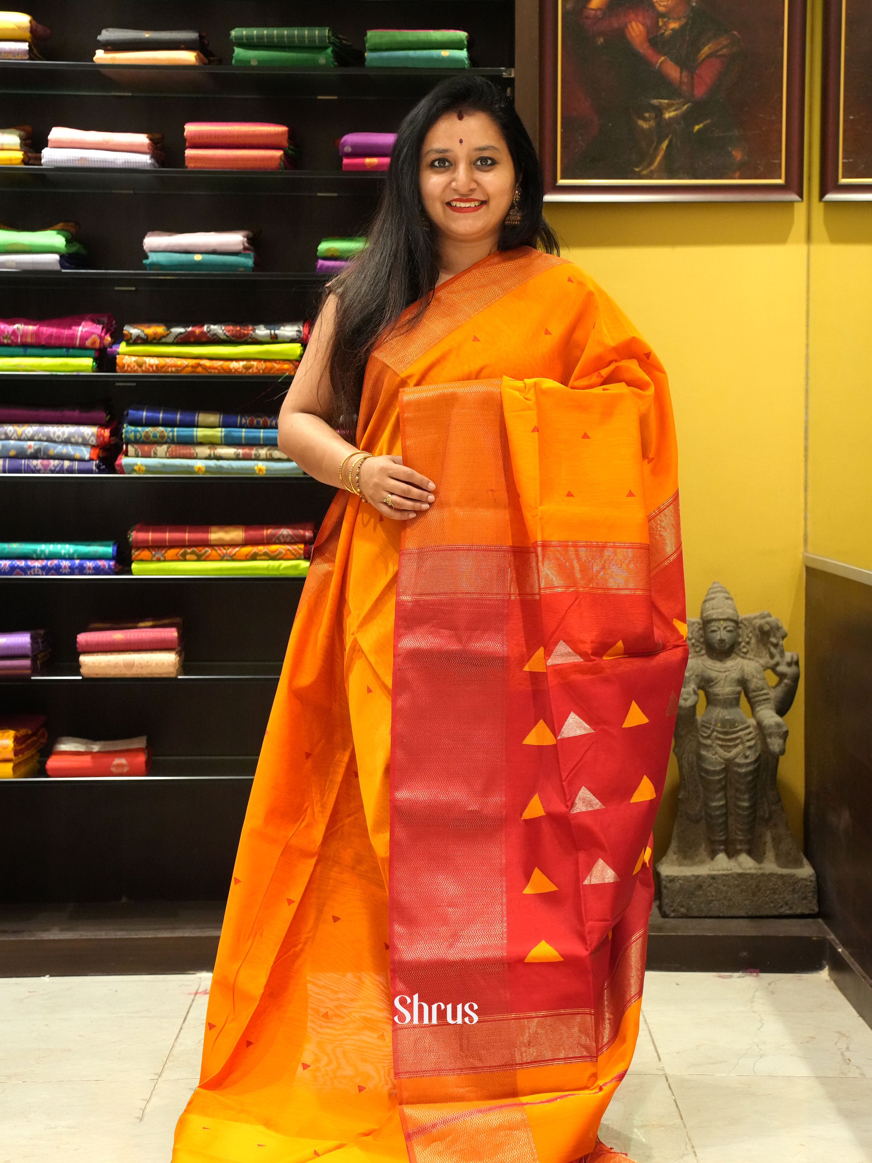 Yellow & Red - Maheshwari silkcotton - Shop on ShrusEternity.com