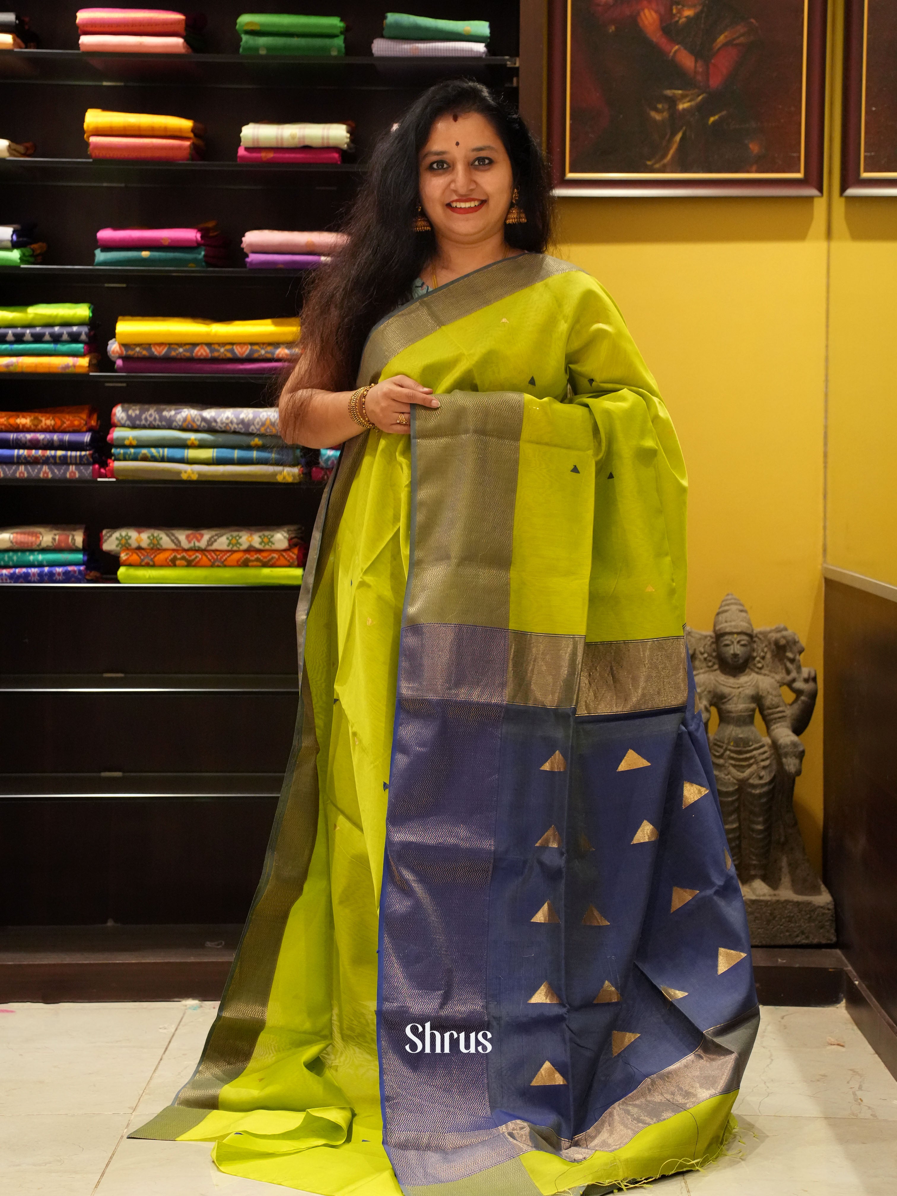 Green & Blue -Maheshwari silkcotton Saree - Shop on ShrusEternity.com