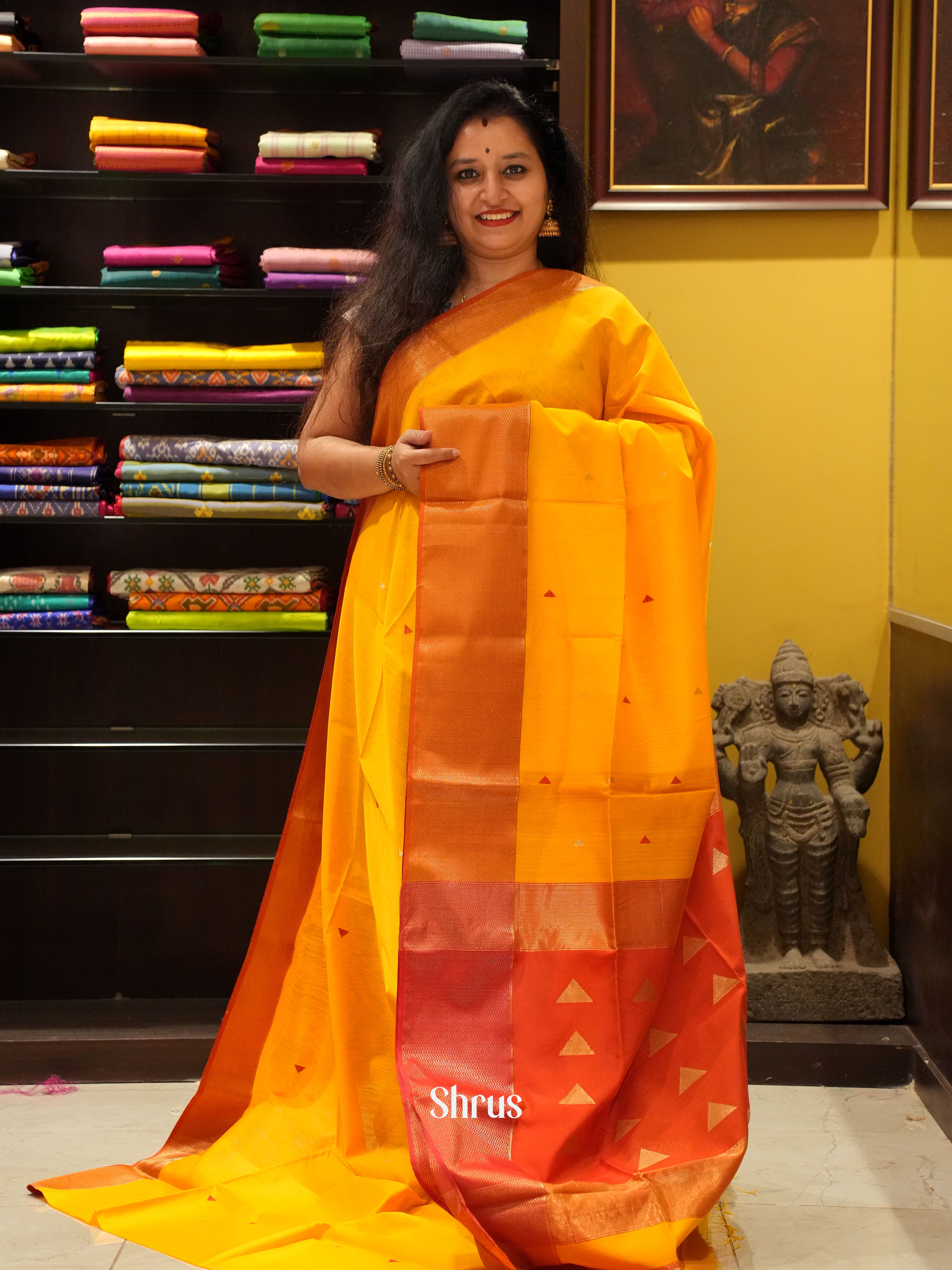 Yellow & Red - Maheshwari silkcotton Saree - Shop on ShrusEternity.com