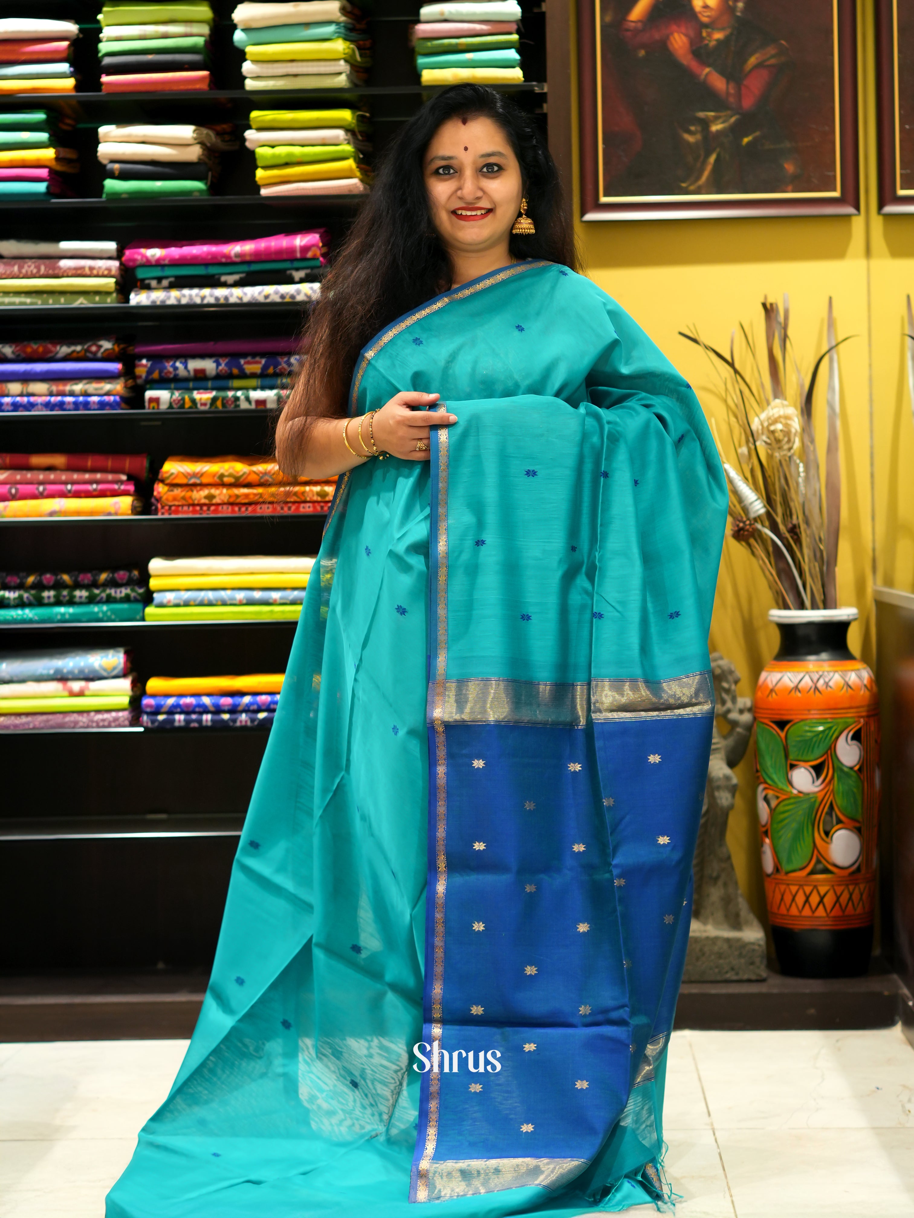 Teal & Blue - Maheswari sico Saree - Shop on ShrusEternity.com