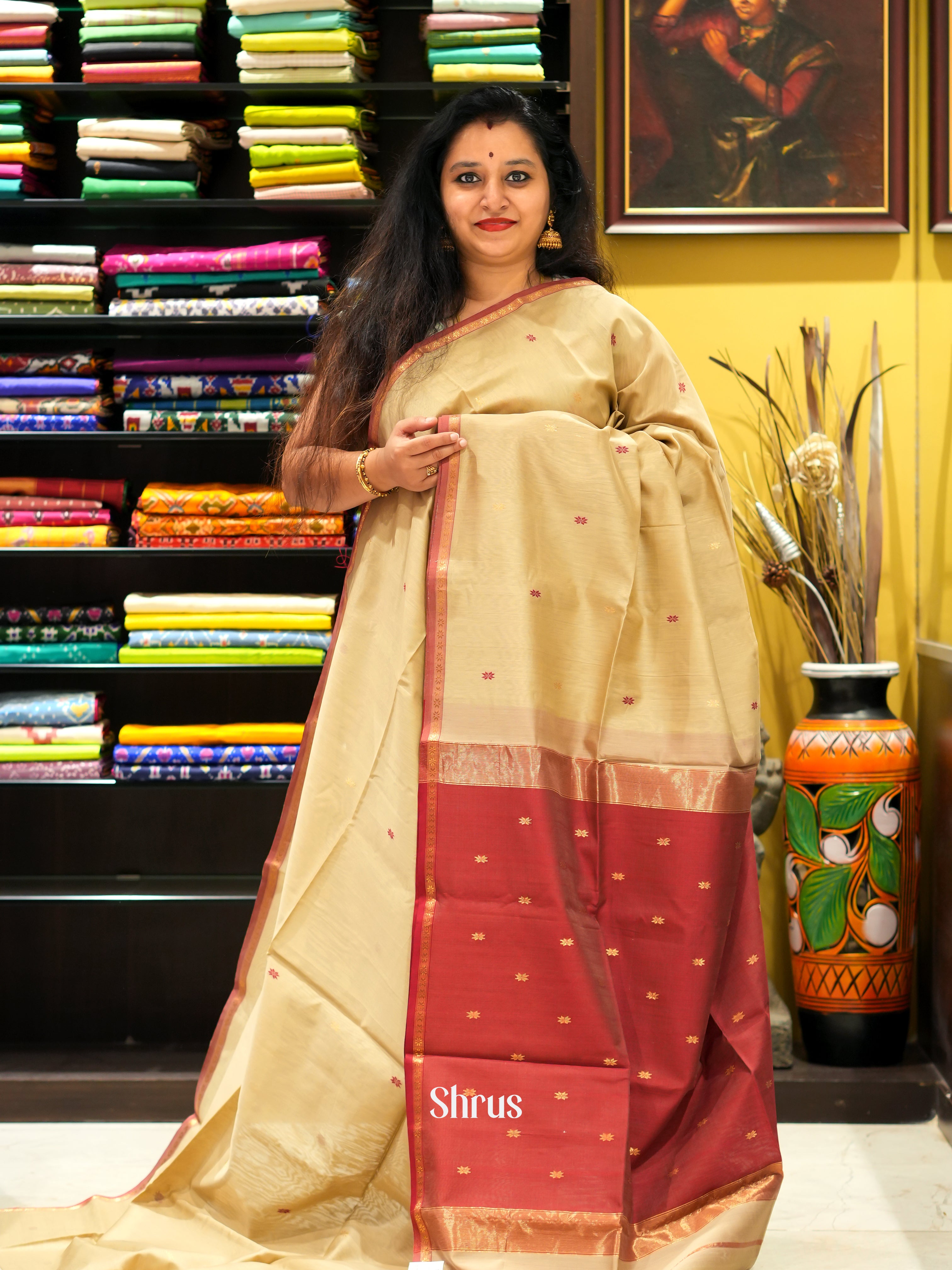 Beige & Red - Maheswari sico Saree - Shop on ShrusEternity.com