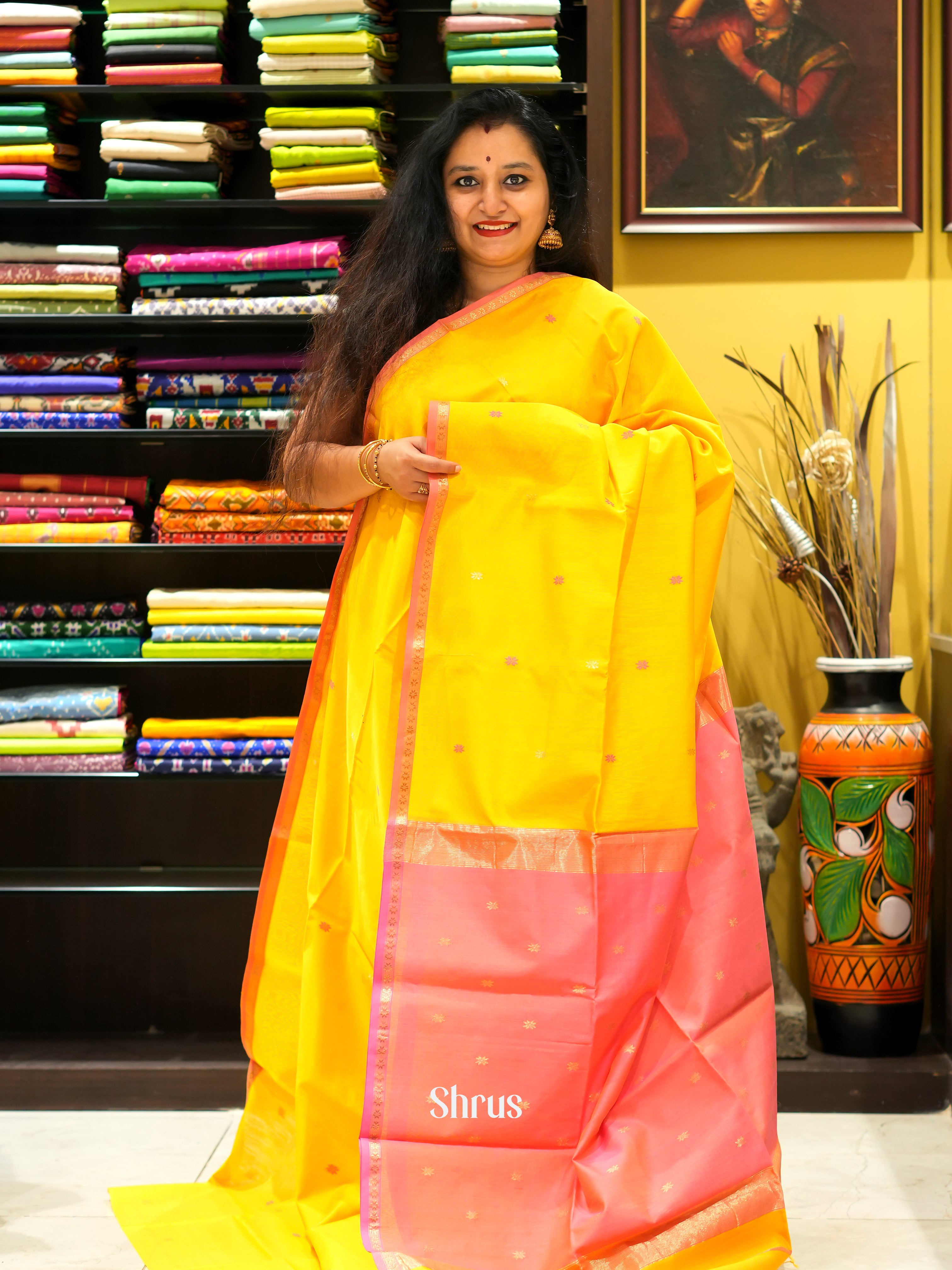 Yellow & Pink - Maheswari sico Saree - Shop on ShrusEternity.com