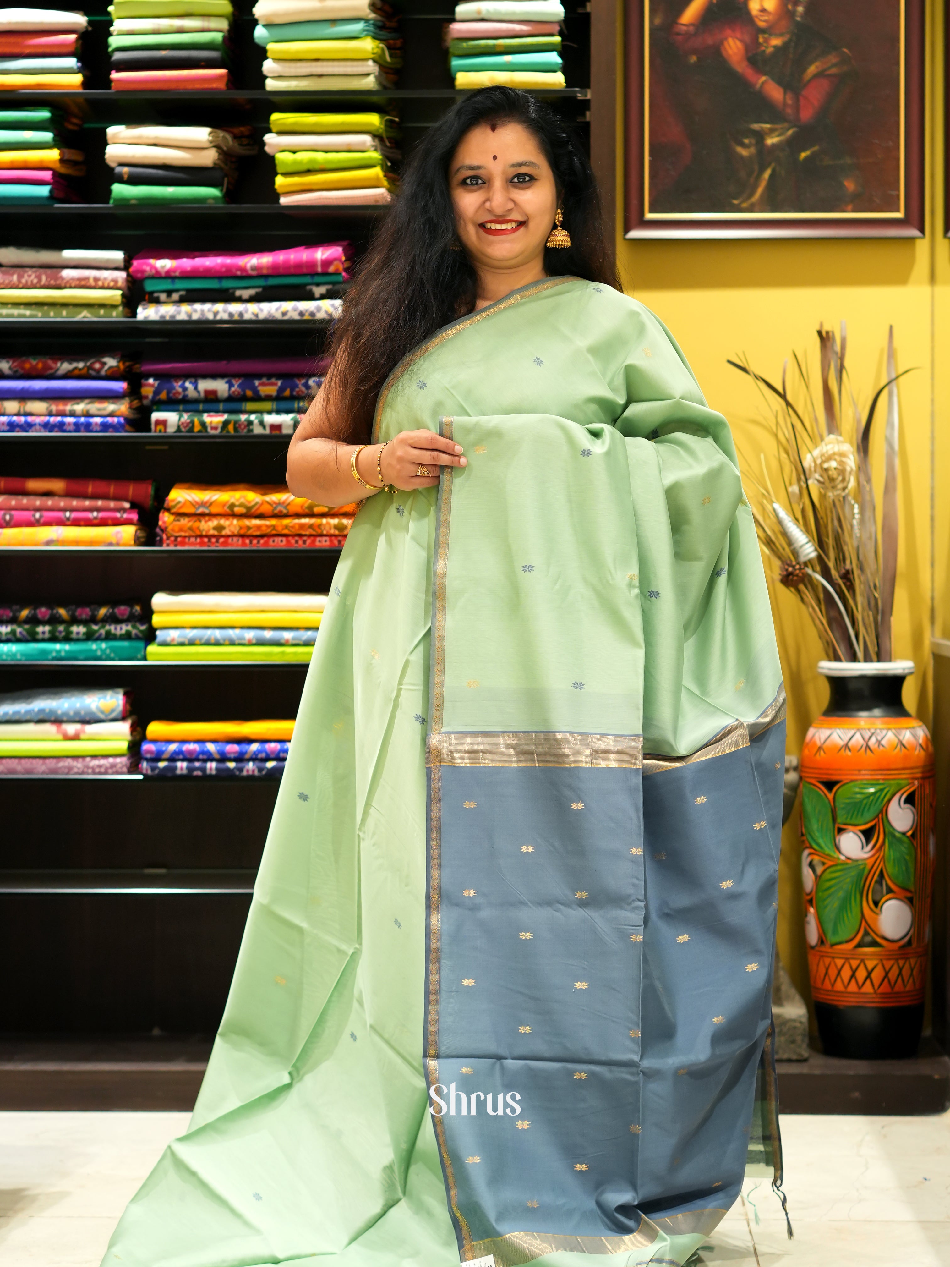 Pista Green & Grey - Maheswari sico Saree - Shop on ShrusEternity.com