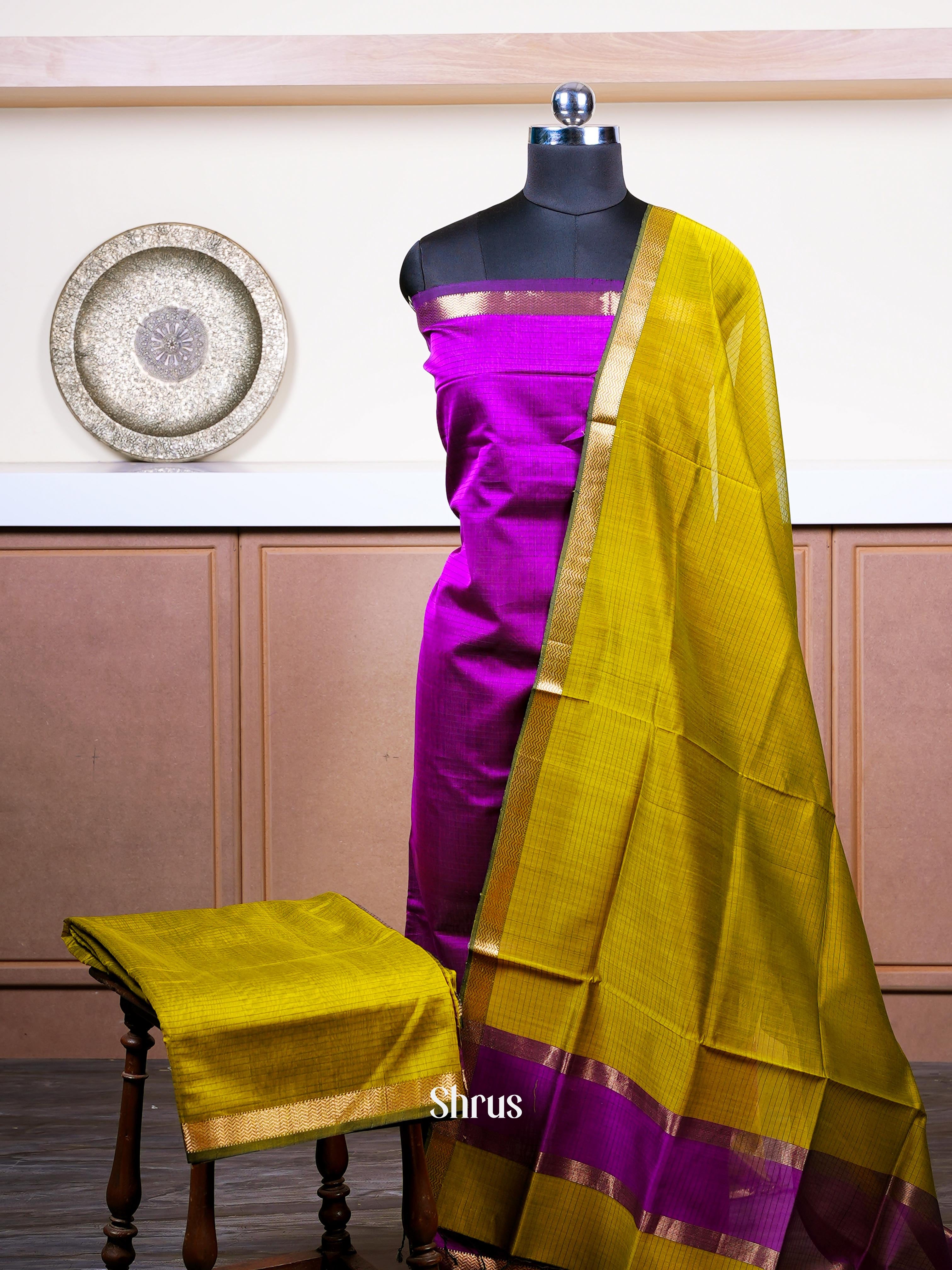 Mehandi Green & Sangria Purple - Maheshwari silkcotton salwar - Shop on ShrusEternity.com