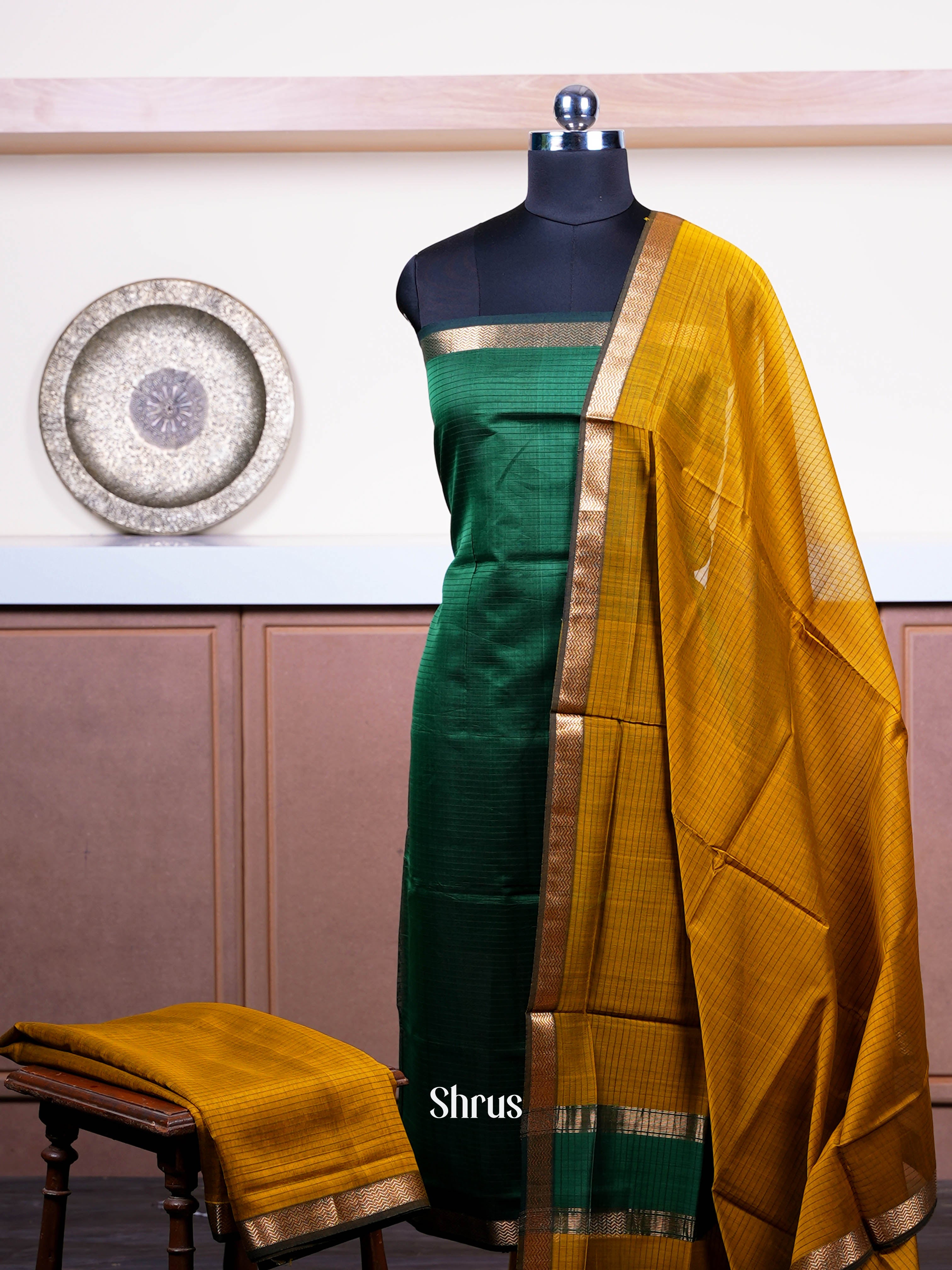 Mehandi Green & Dark Green - Maheshwari silkcotton salwar - Shop on ShrusEternity.com