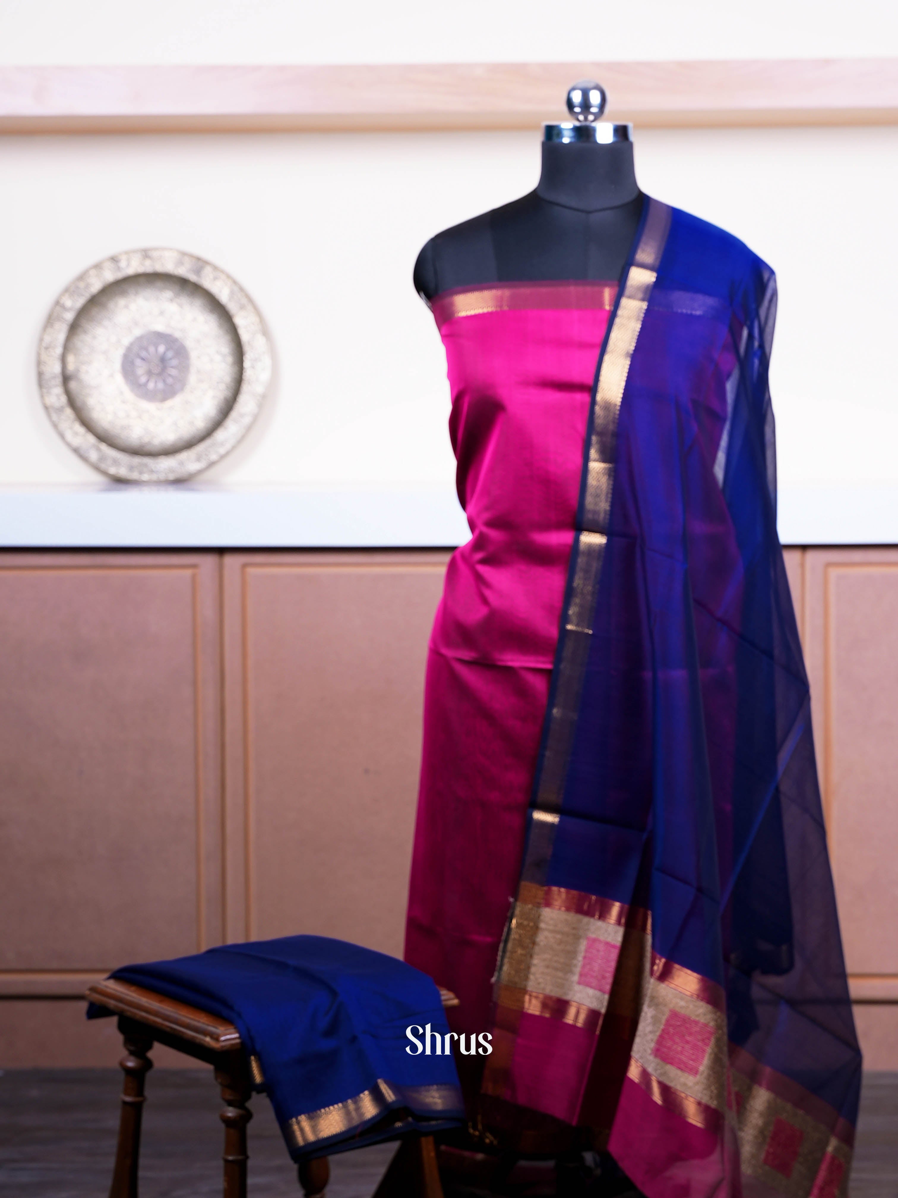 Violet Red & Dark Blue - Maheshwari silkcotton salwar - Shop on ShrusEternity.com