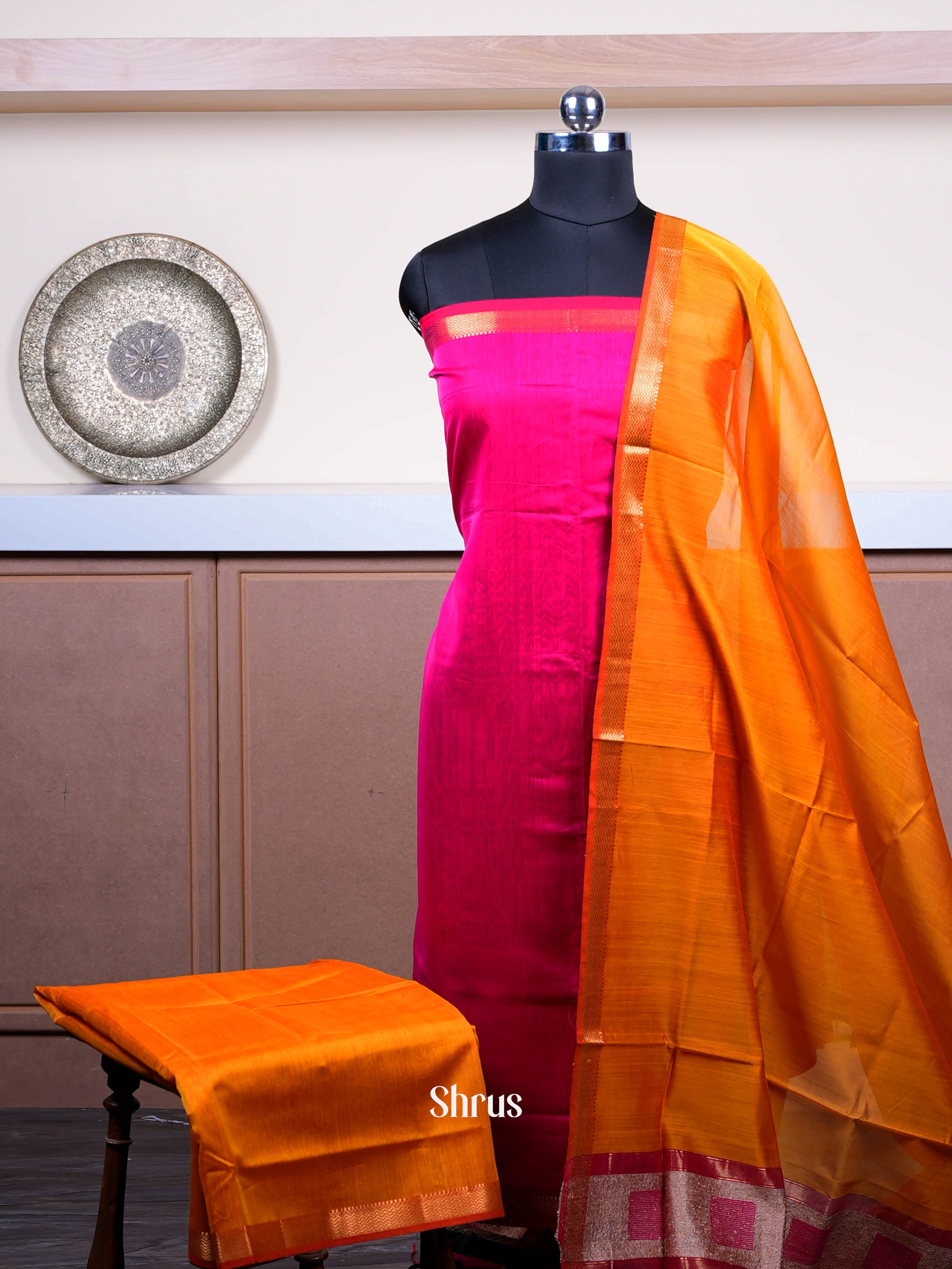 Golden Yellow & Rosy Red - Maheshwari silkcotton salwar - Shop on ShrusEternity.com