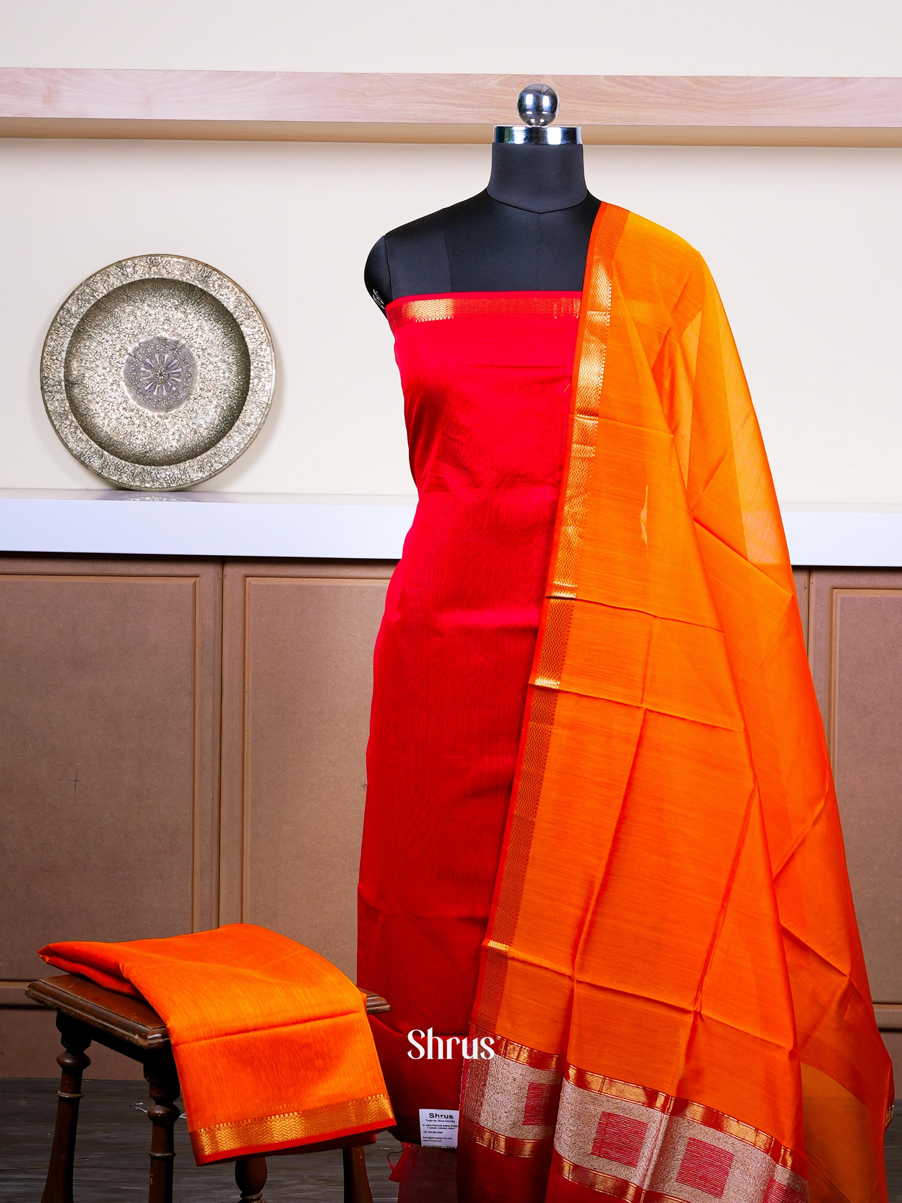 Dark Red & Golden Orange - Maheshwari silkcotton salwar - Shop on ShrusEternity.com