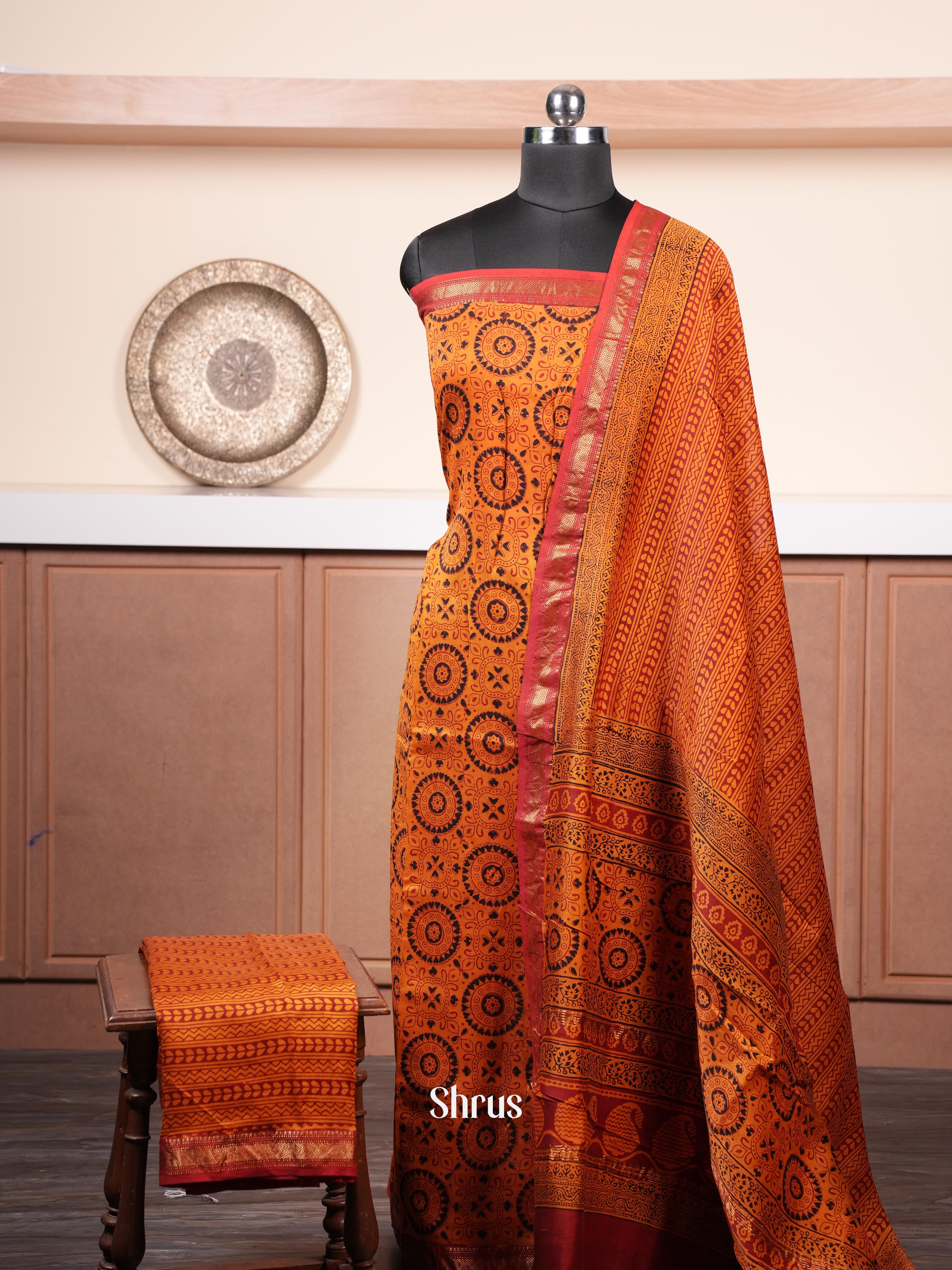 Mustard Orange & Red - Maheshwari silkcotton salwar - Shop on ShrusEternity.com