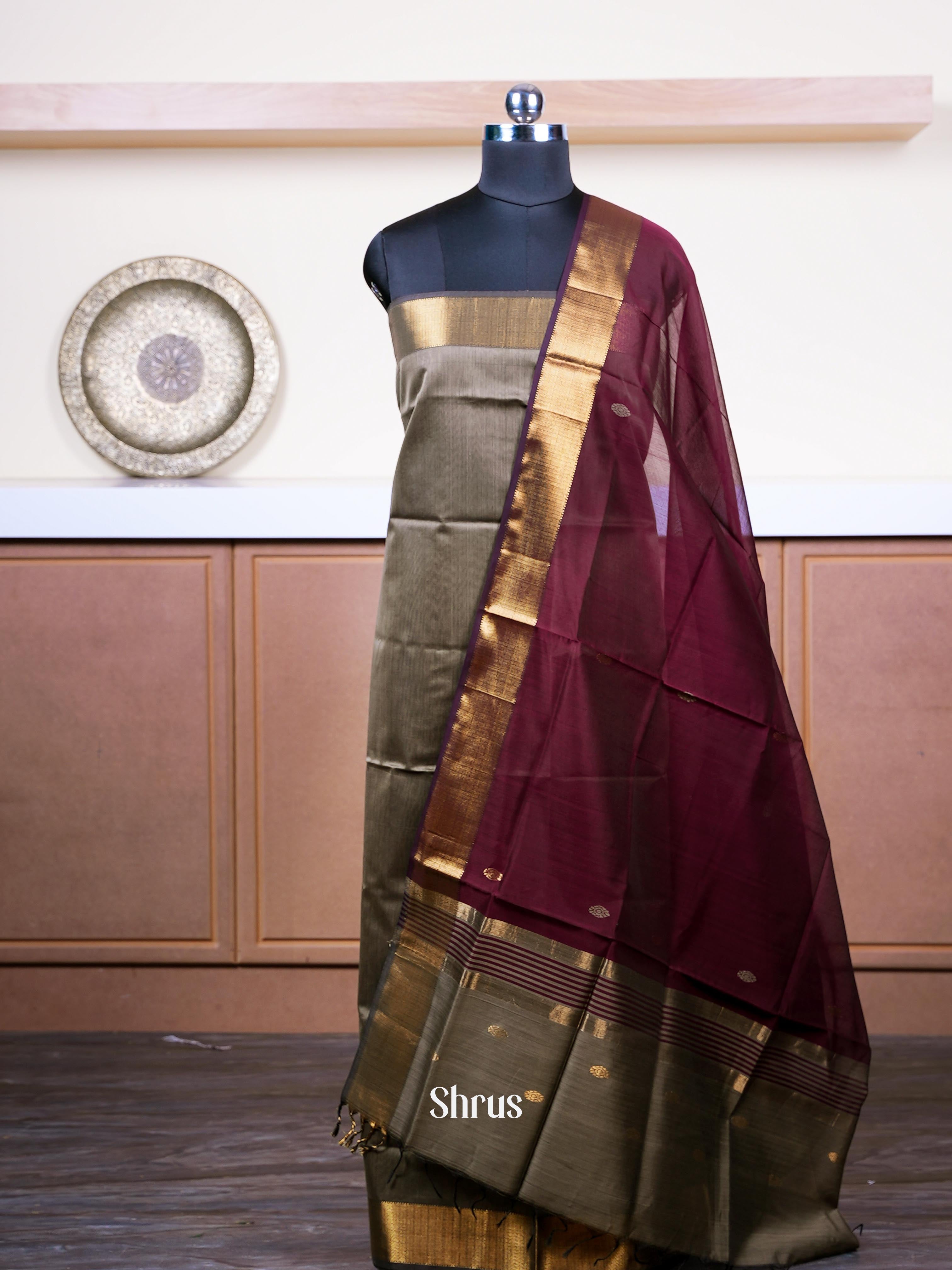 Dark Olive Green & Deep Maroon - maheswarisico top & dupatta combo - Shop on ShrusEternity.com
