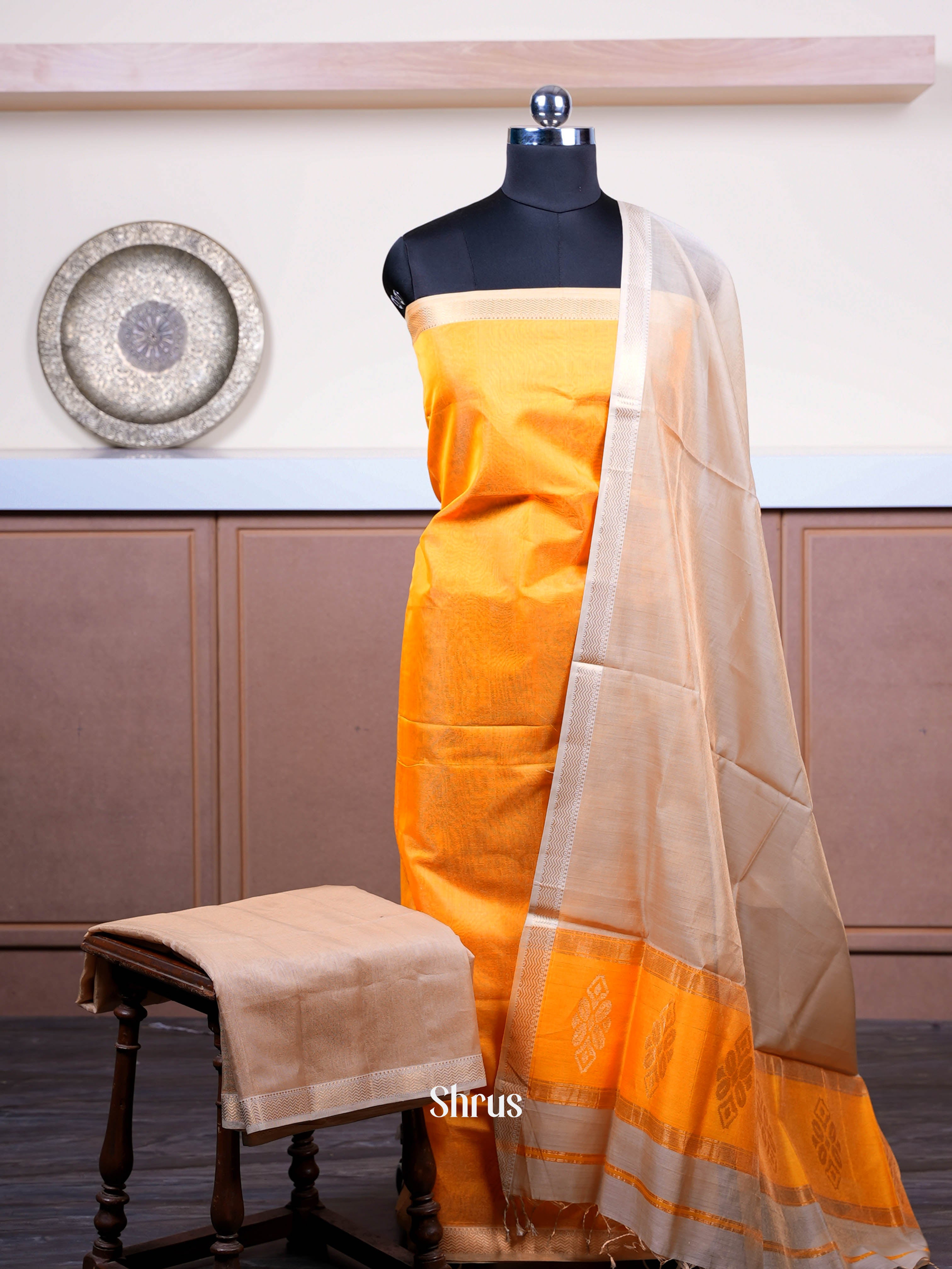 Golden Yellow & Light Brown - Maheshwari silkcotton salwar - Shop on ShrusEternity.com