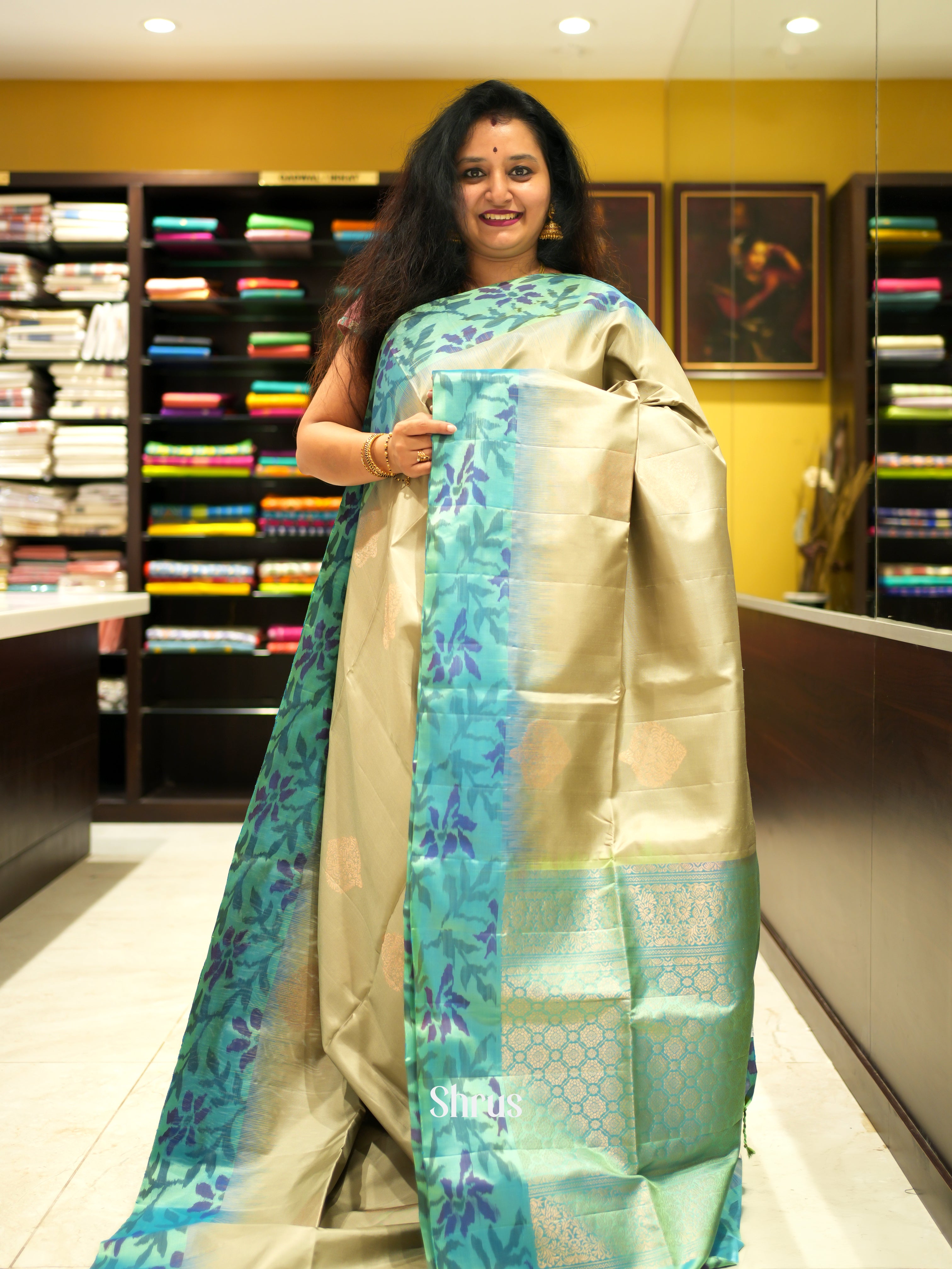 Cream & Green - Soft Silk Saree - Shop on ShrusEternity.com
