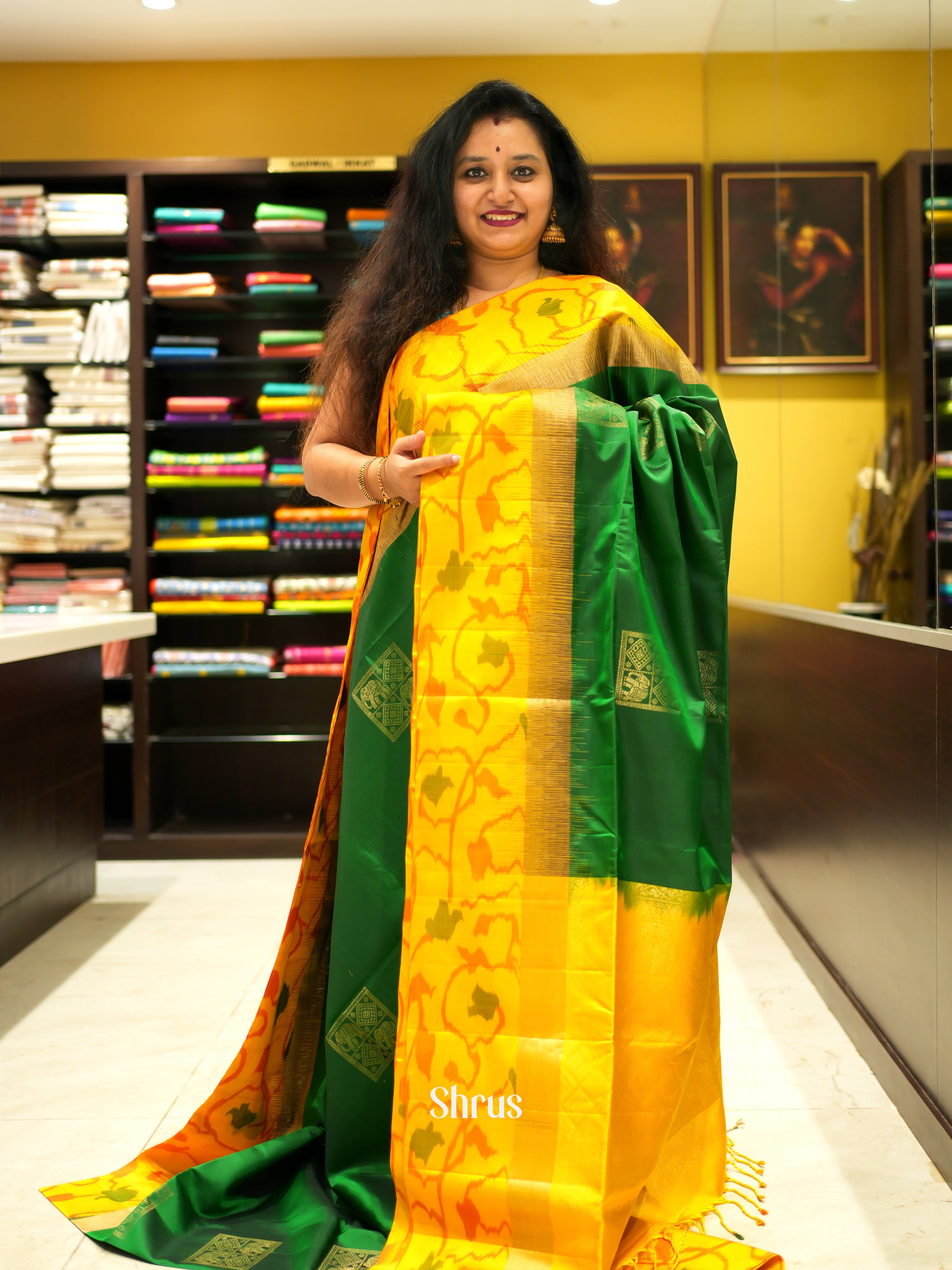 Green & Yellow - Soft Silk Saree - Shop on ShrusEternity.com