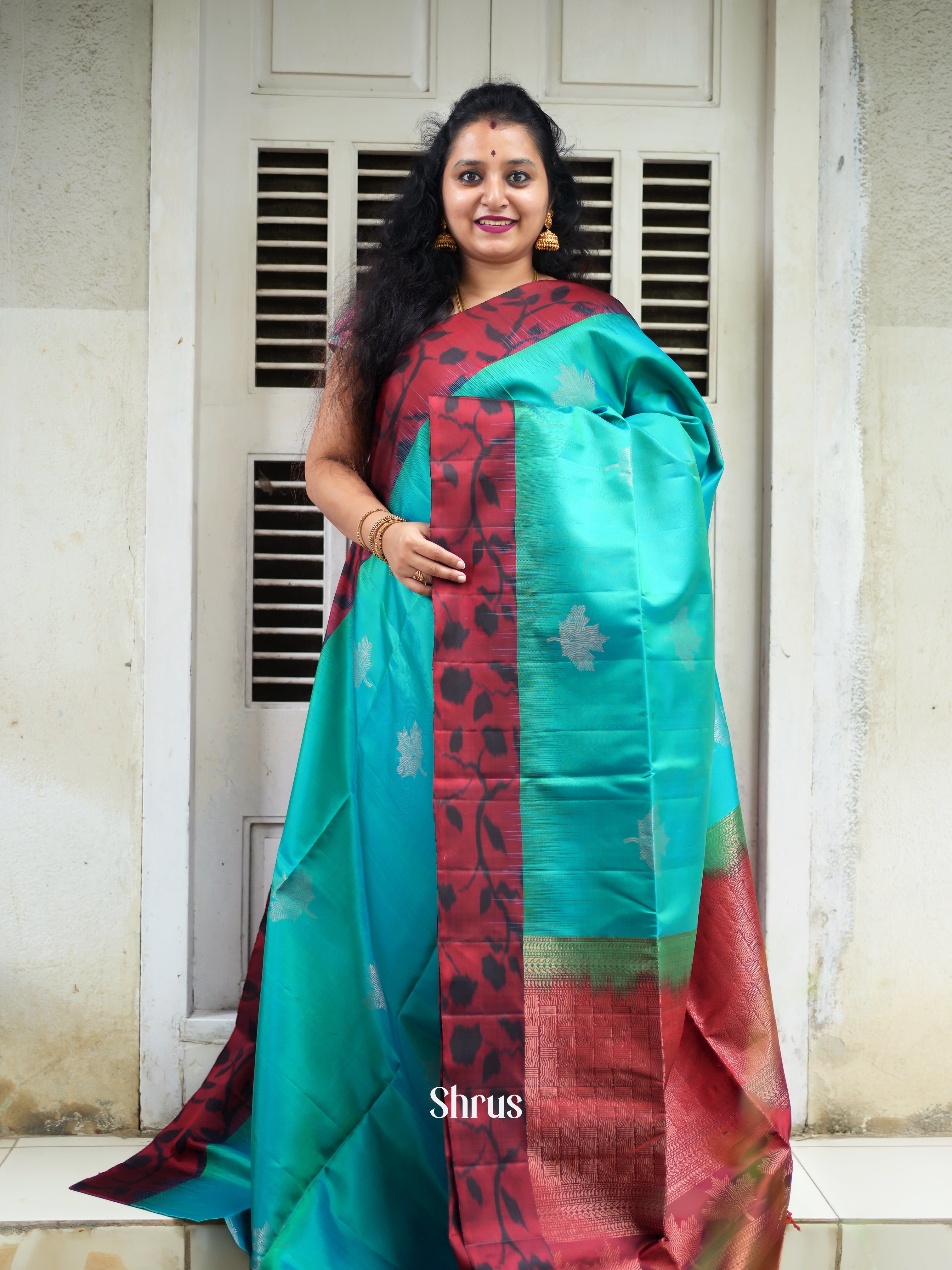 Teal & Maroon - Soft Silk Saree - Shop on ShrusEternity.com