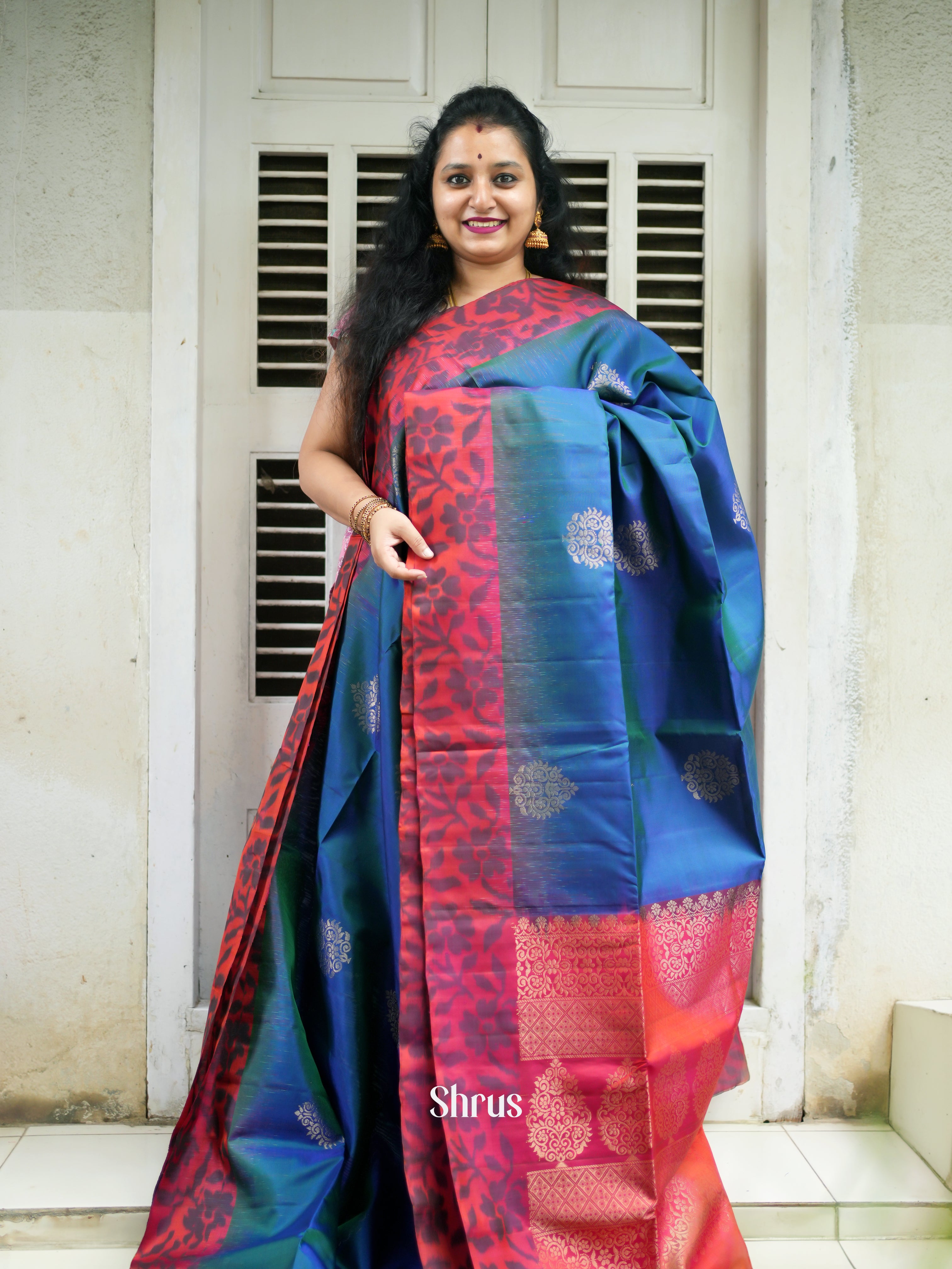 Blue & Red - Soft Silk Saree - Shop on ShrusEternity.com