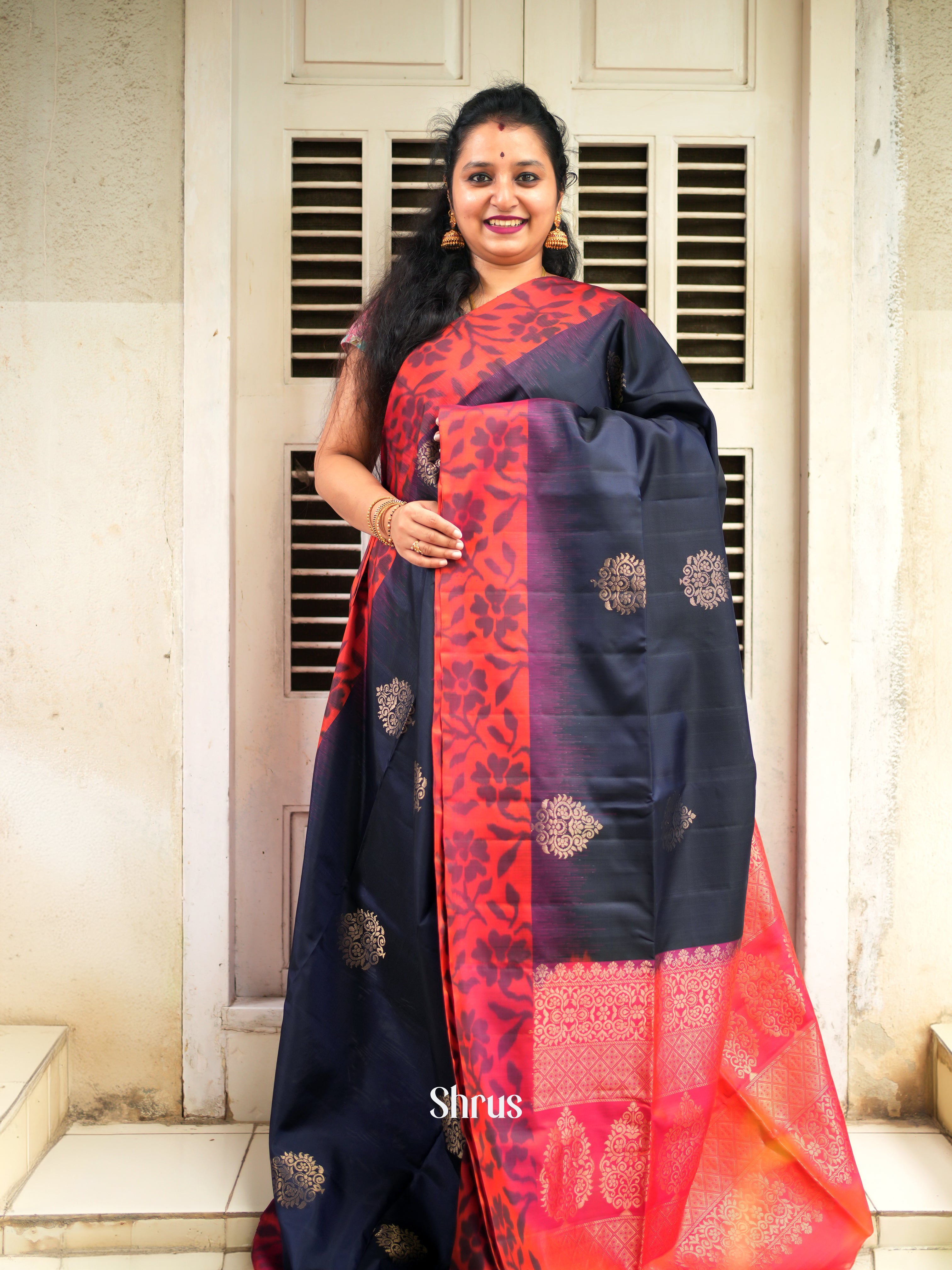 Navy blue & Orangish Pink - Soft Silk Saree - Shop on ShrusEternity.com