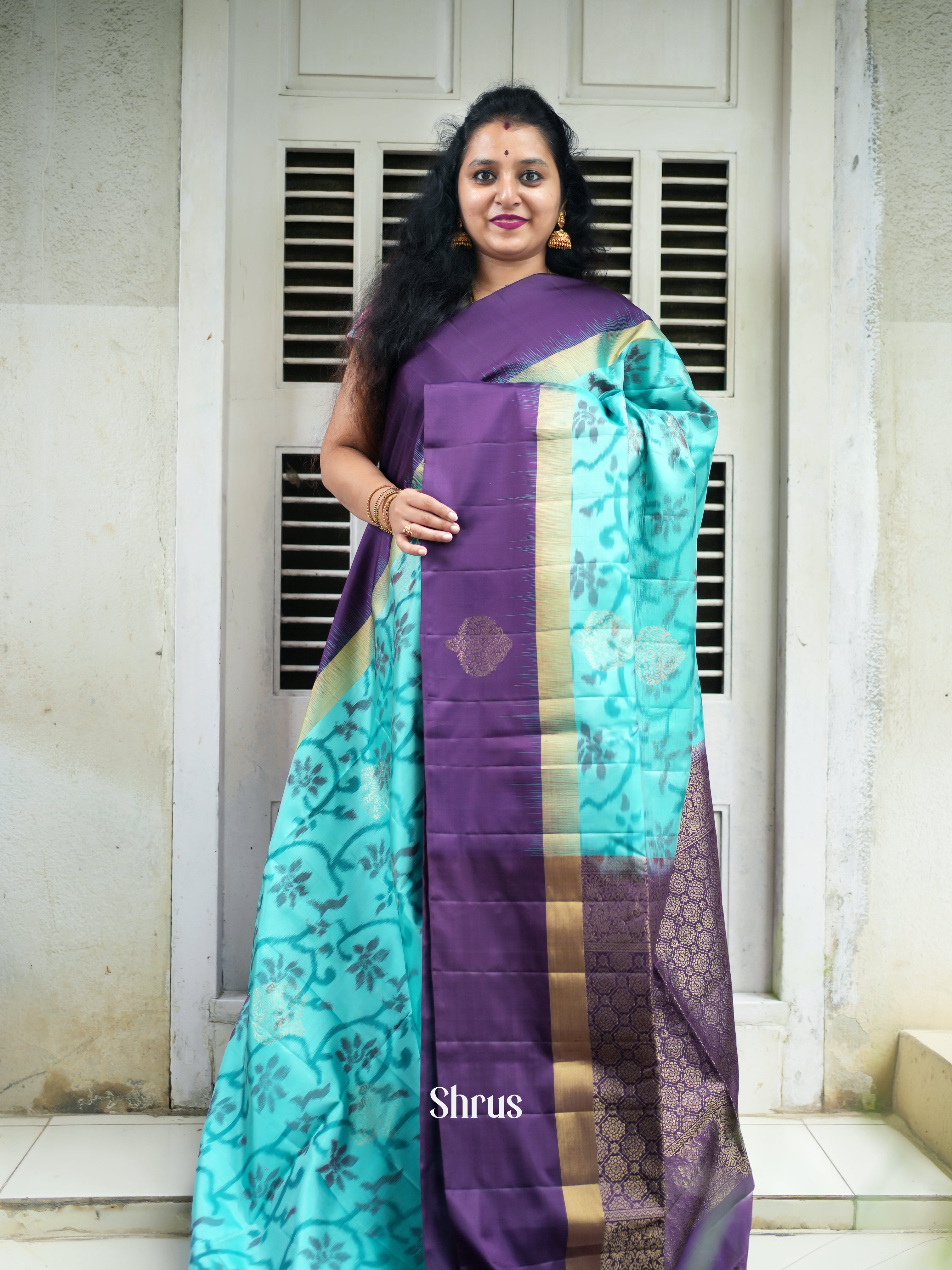 Teal Blue & Purple - Soft Silk Saree - Shop on ShrusEternity.com