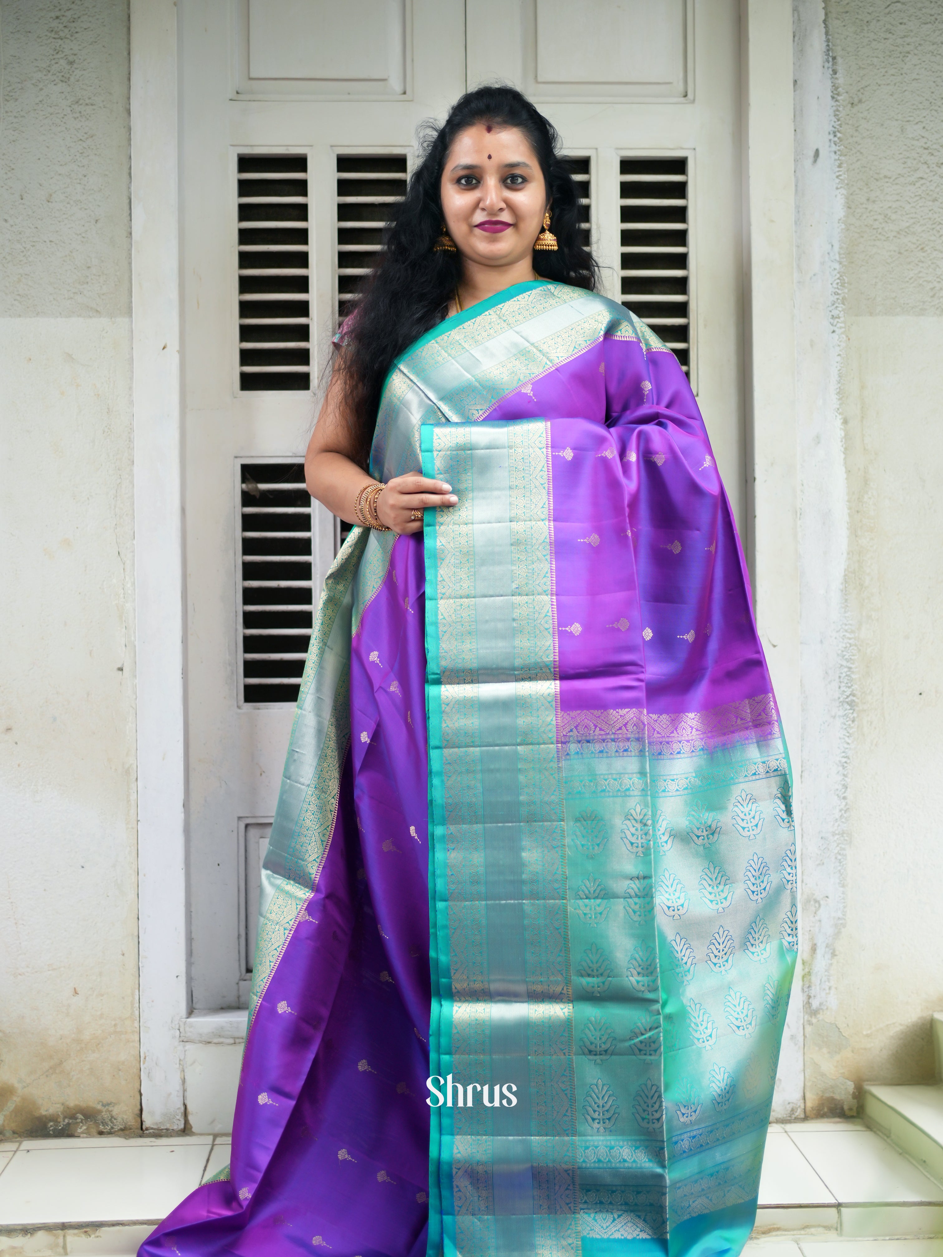 Purple & Teal - Soft Silk Saree - Shop on ShrusEternity.com