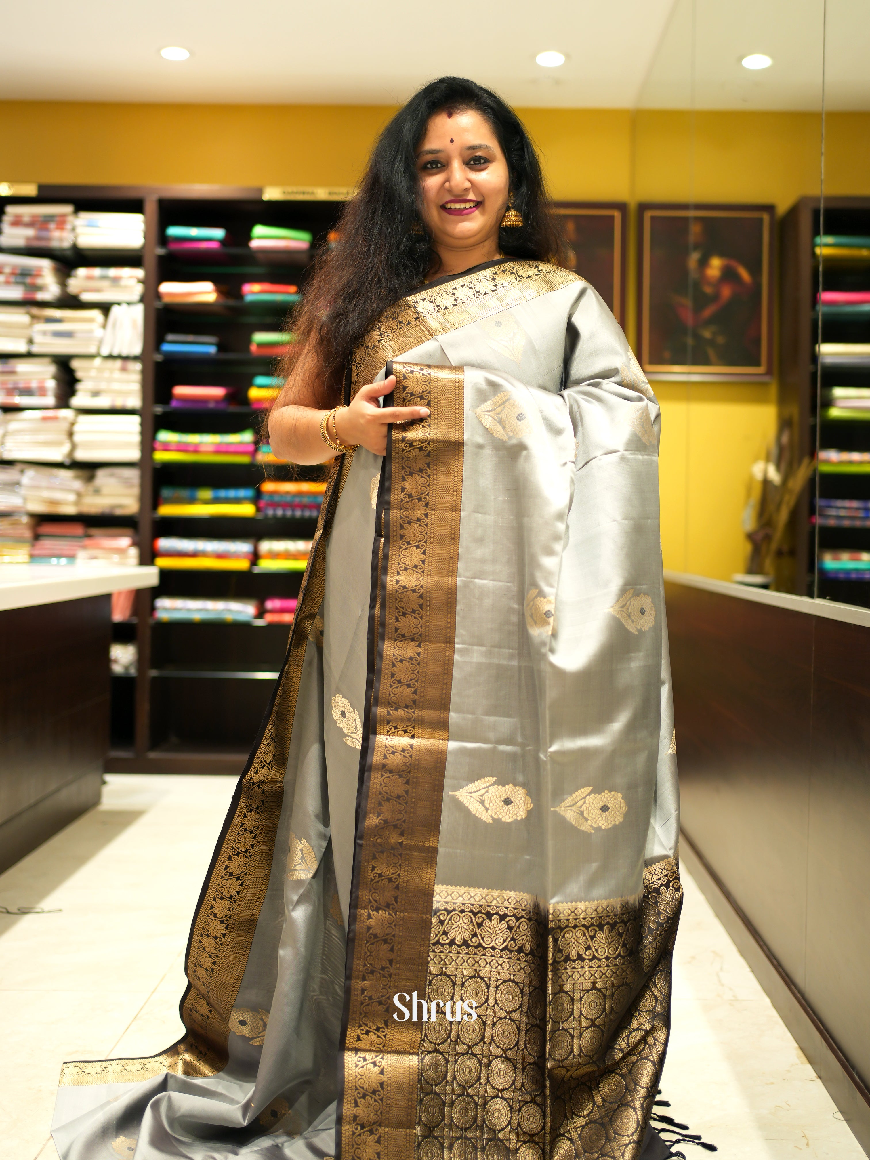 Grey & Black - Soft Silk Saree - Shop on ShrusEternity.com
