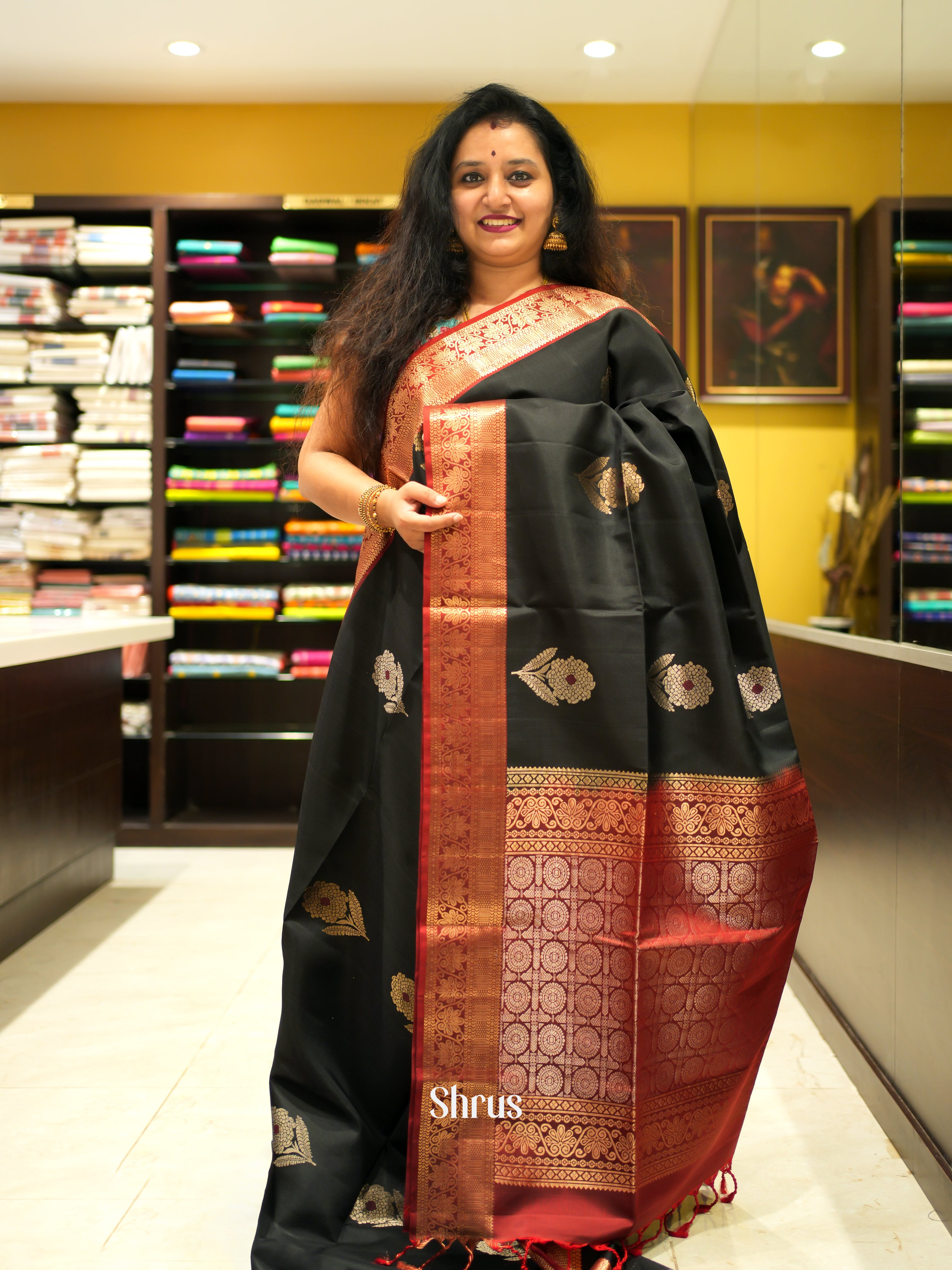 Black & Red - Soft Silk Saree - Shop on ShrusEternity.com