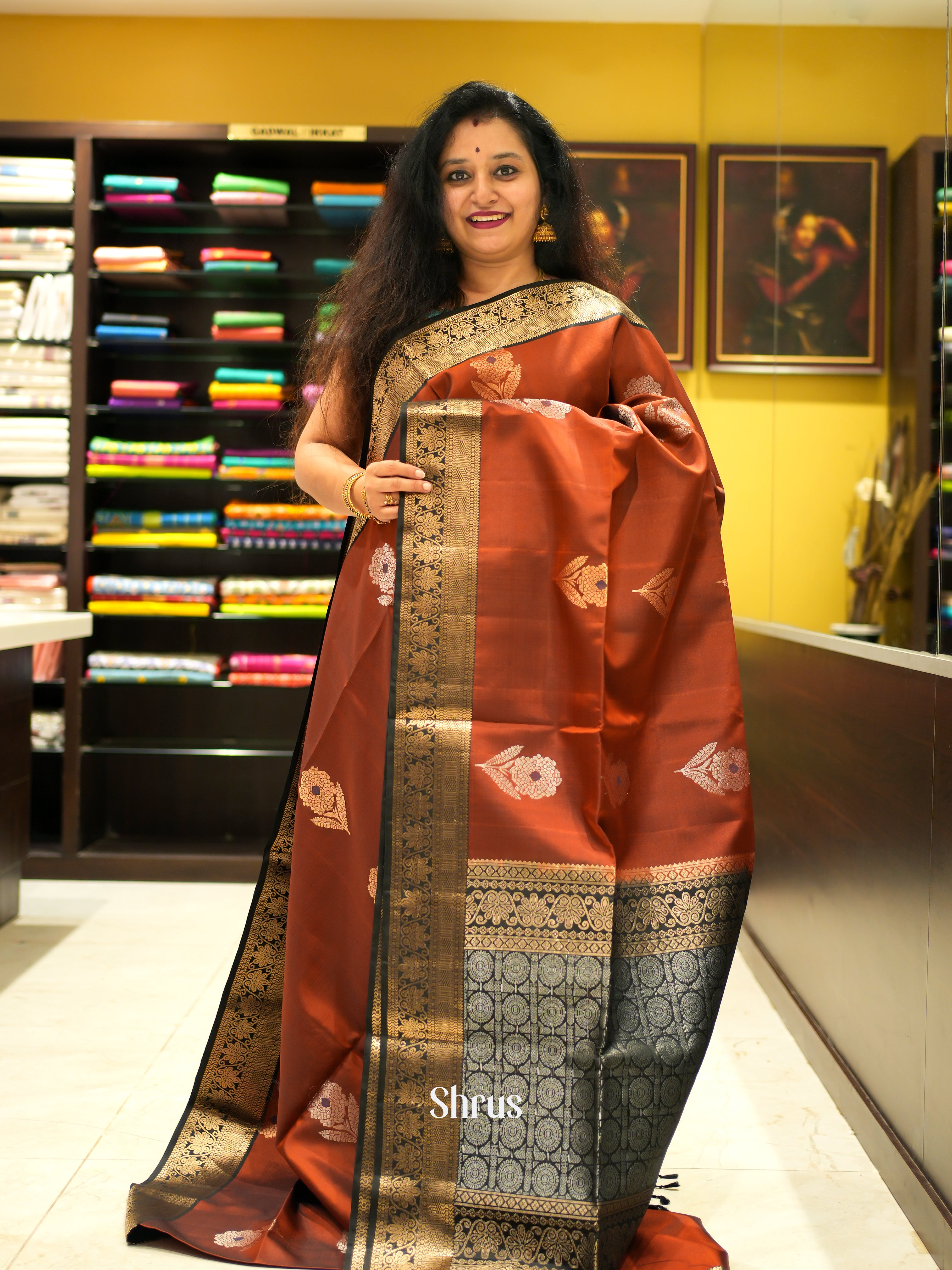 Brown & Black - Soft Silk Saree - Shop on ShrusEternity.com