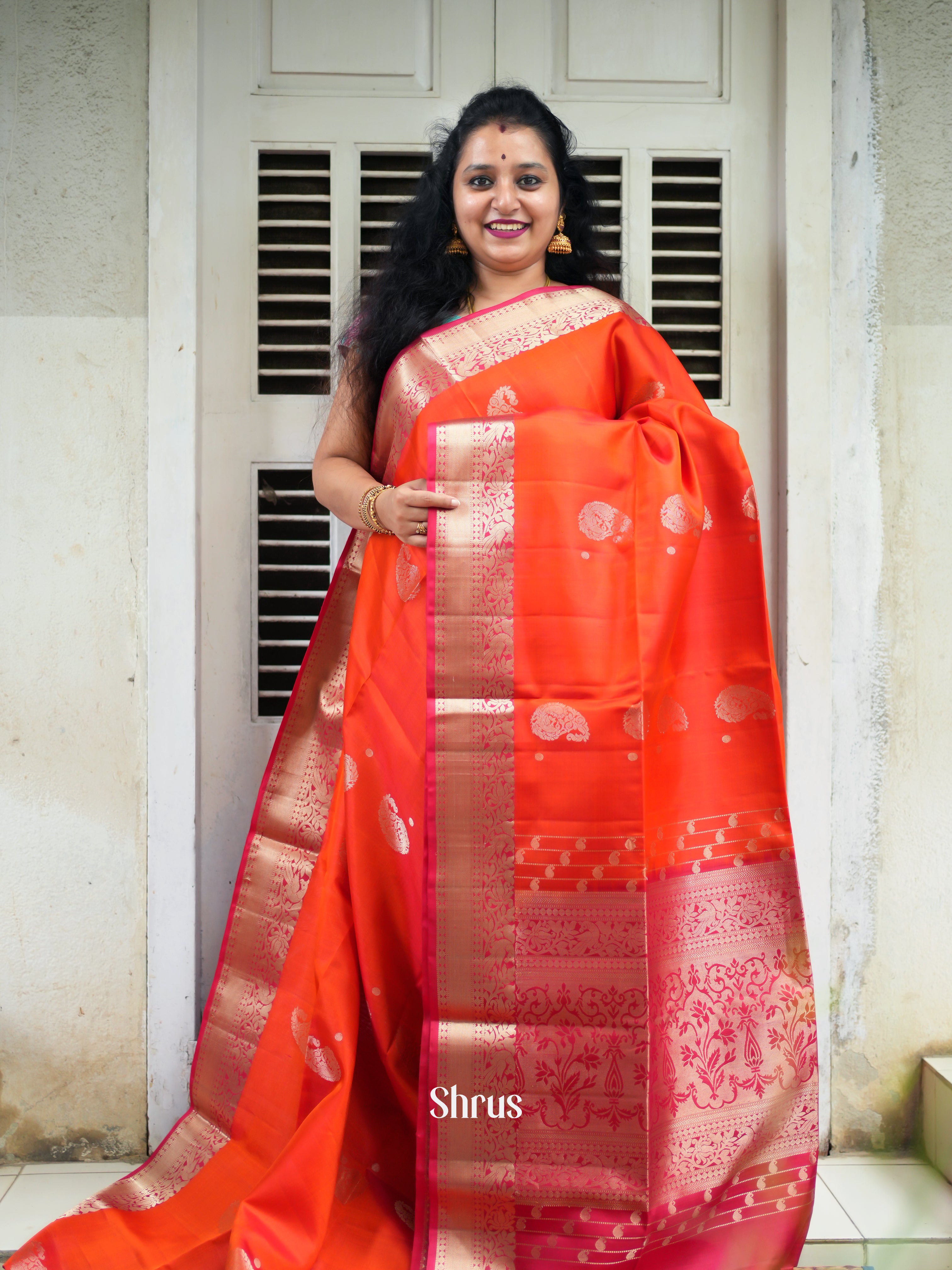 Orange & Red - Soft Silk Saree - Shop on ShrusEternity.com