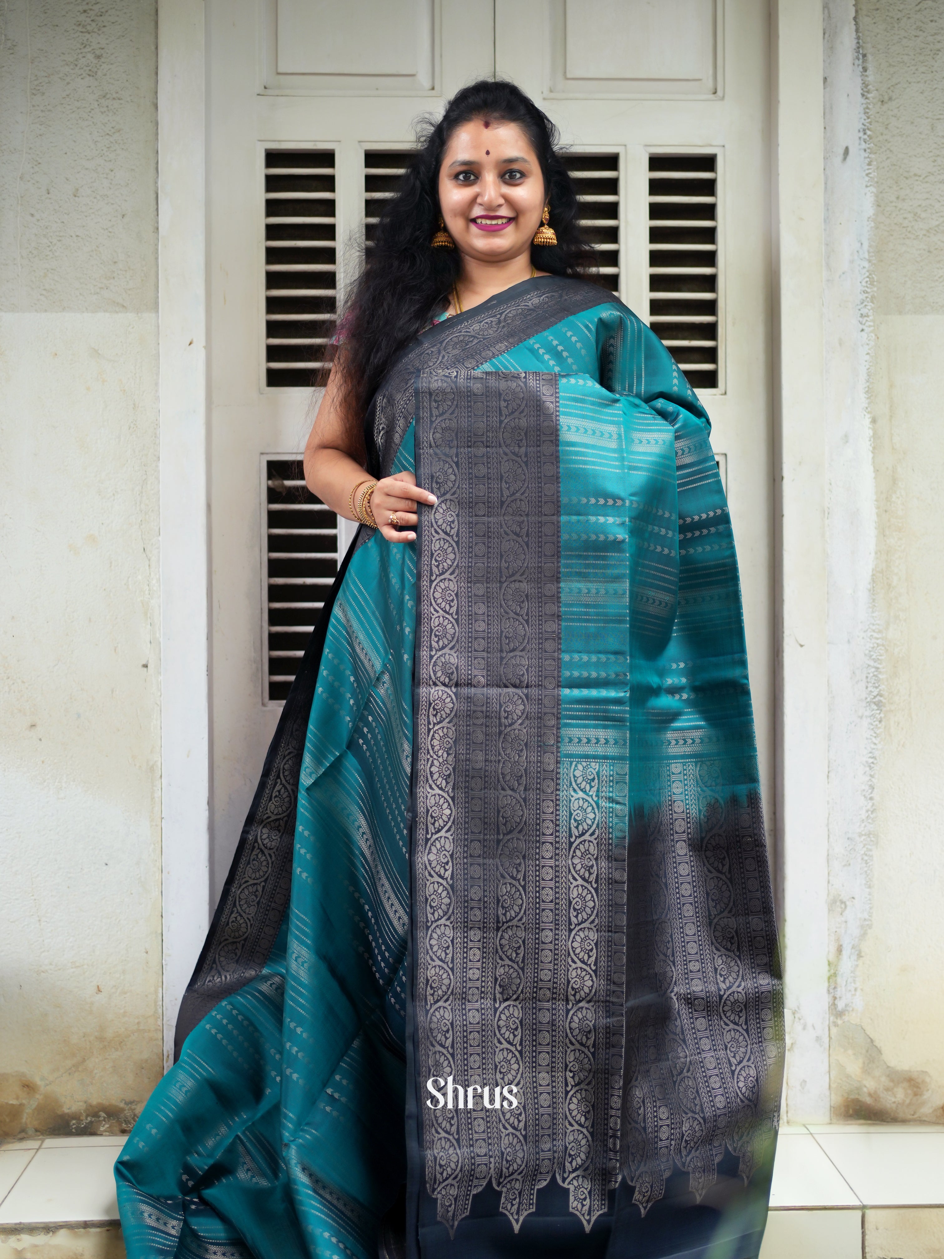 Teal & Navy Blue - Soft Silk Saree - Shop on ShrusEternity.com