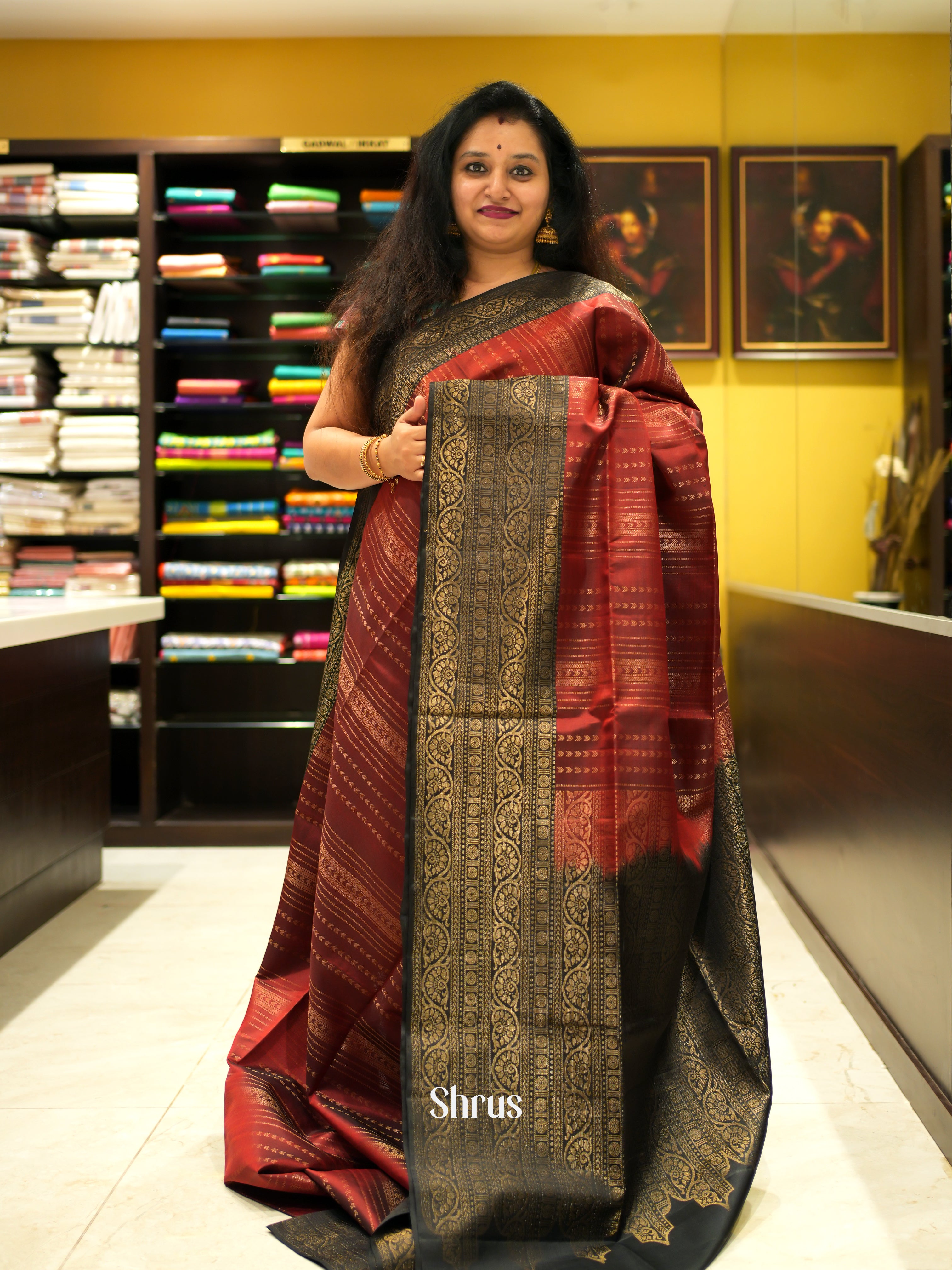 Maroon & Black - Soft Silk Saree - Shop on ShrusEternity.com