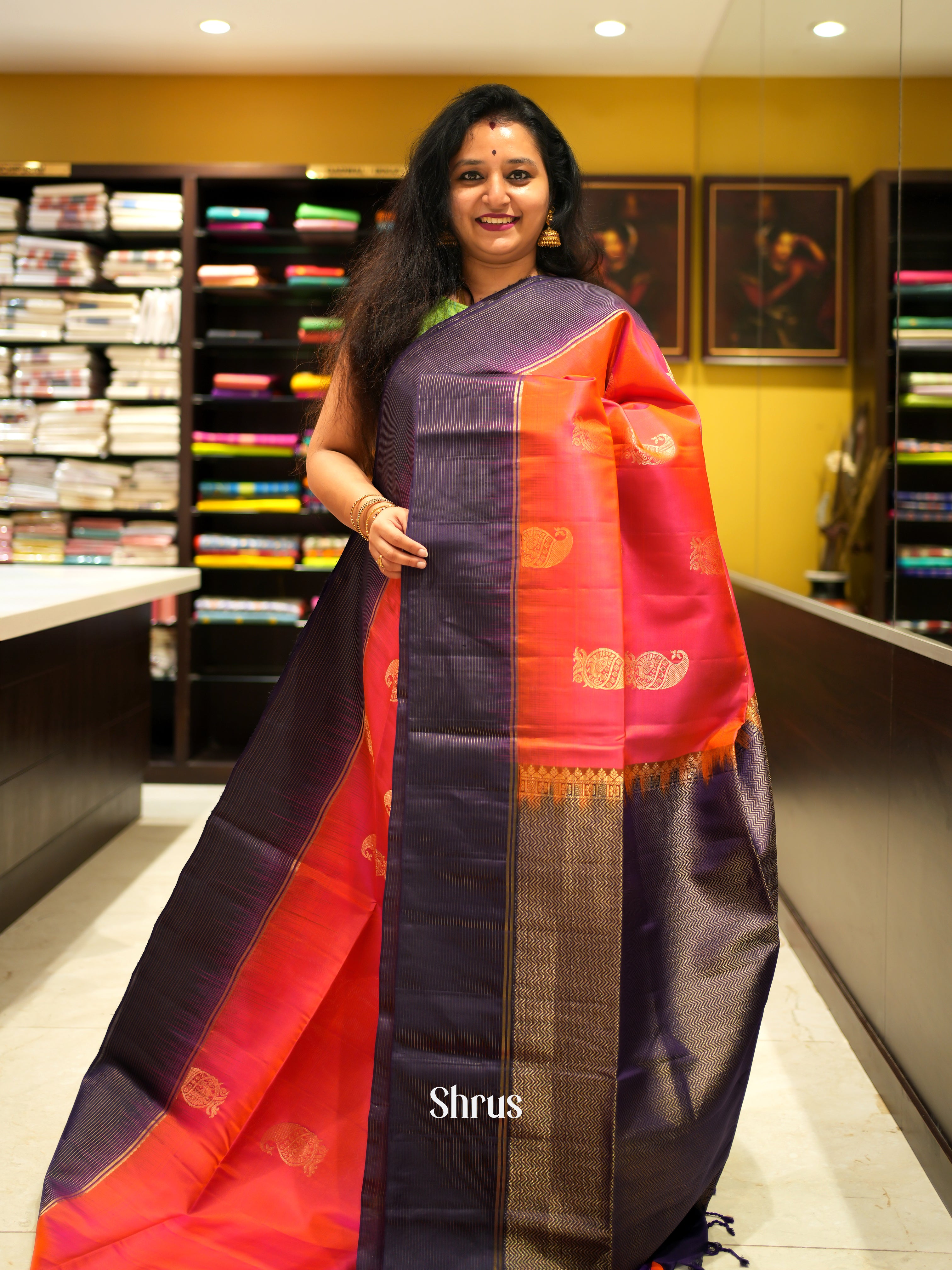 Orangish Pink & Violet - Soft Silk Saree - Shop on ShrusEternity.com