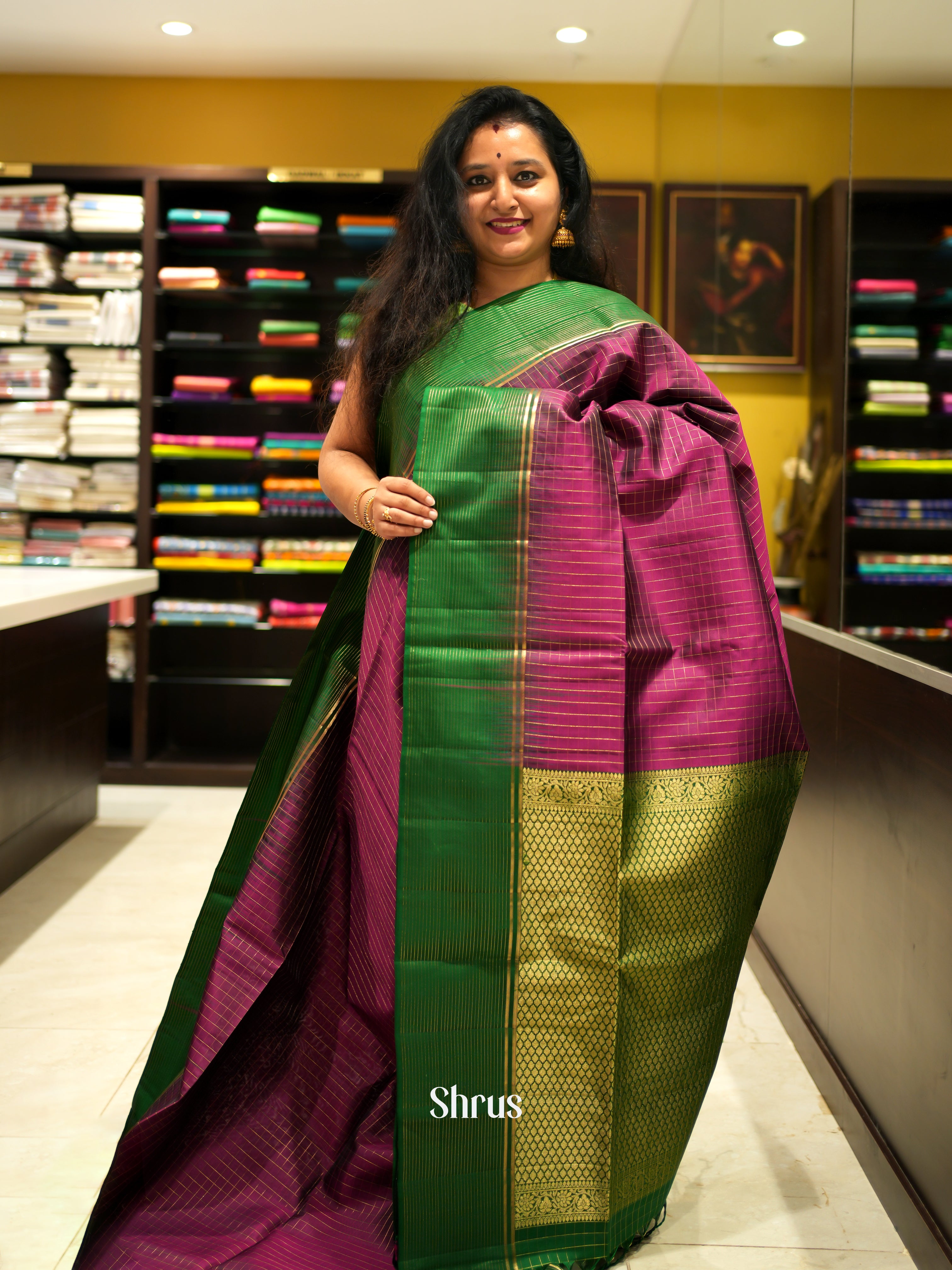 Wine & Green - Soft Silk Saree - Shop on ShrusEternity.com