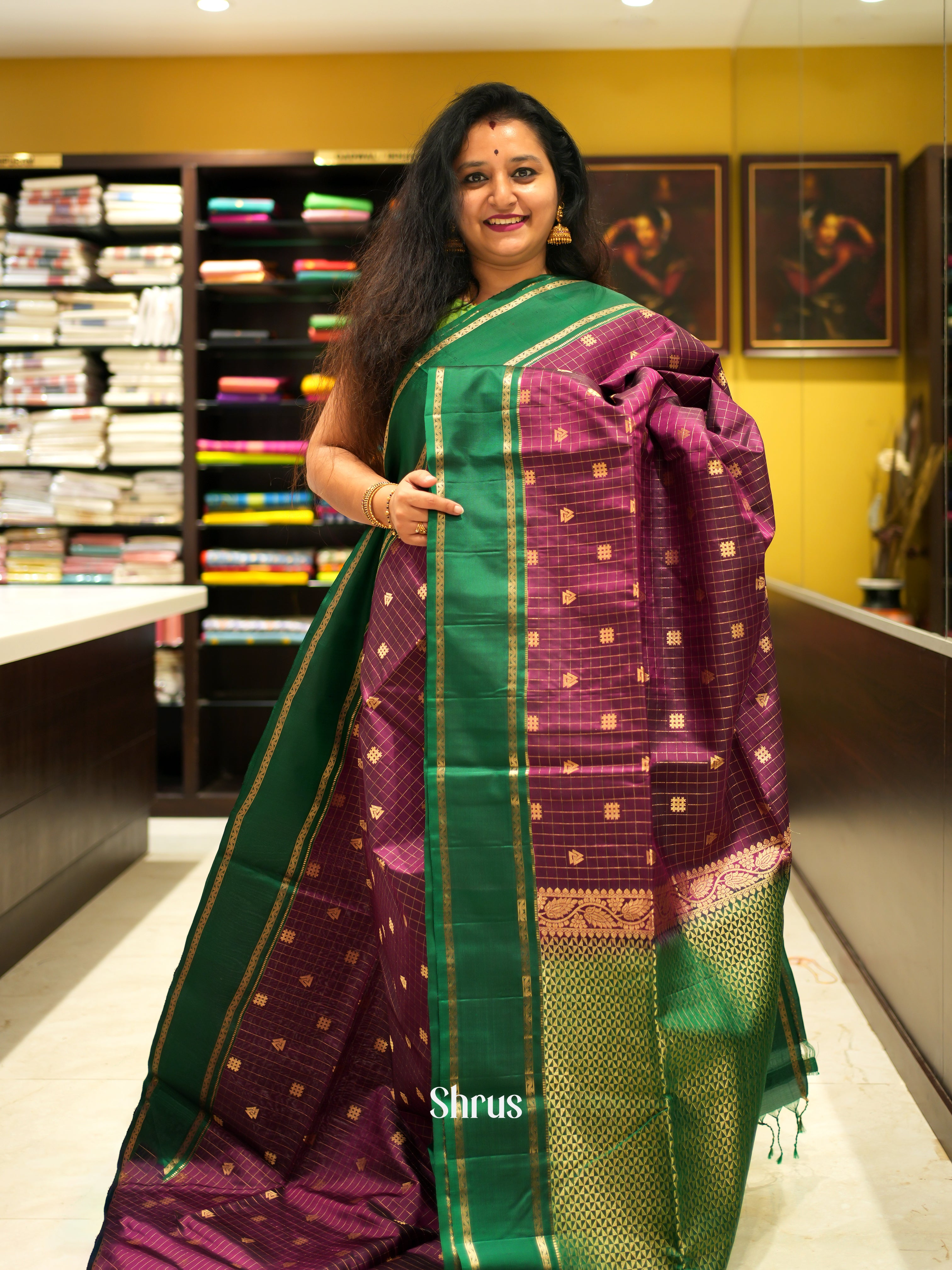 Wine & Green - Soft Silk Saree - Shop on ShrusEternity.com