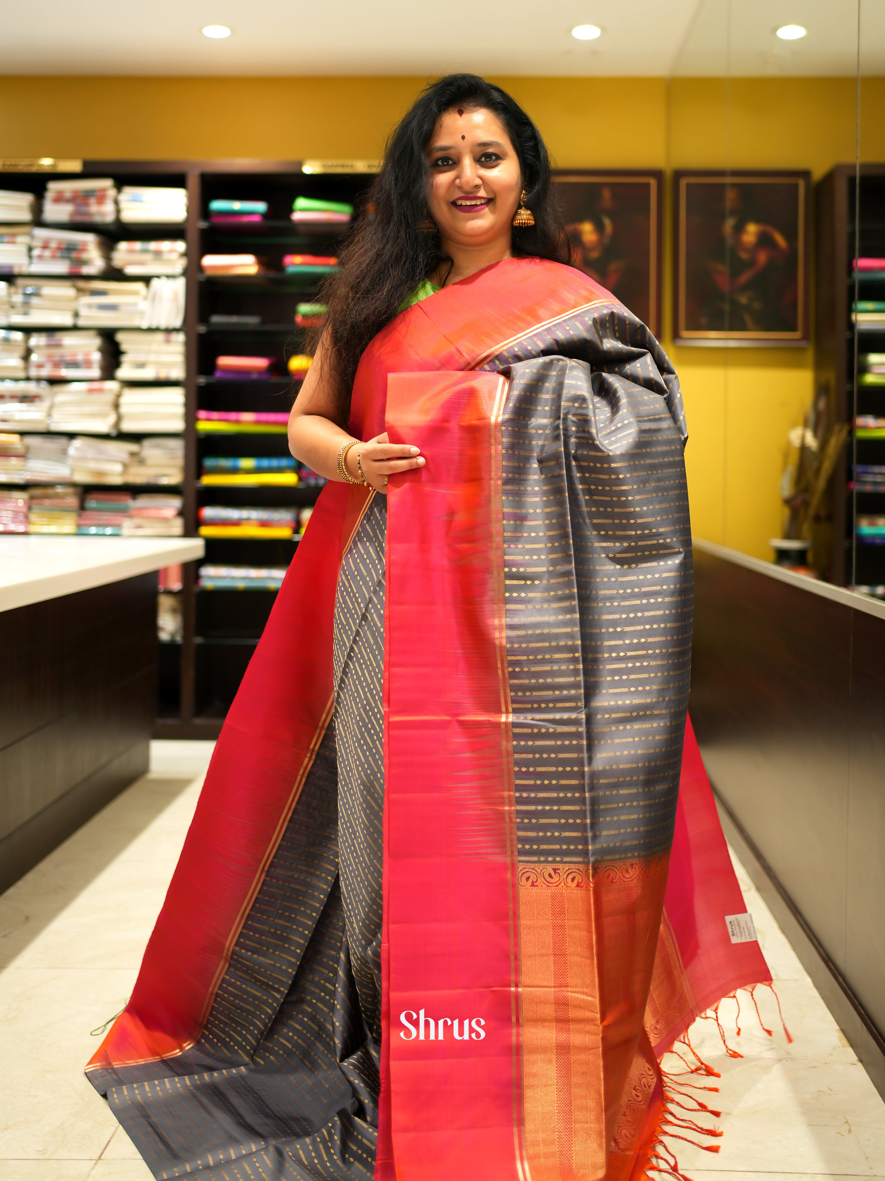 Grey & Orange - Soft Silk Saree - Shop on ShrusEternity.com