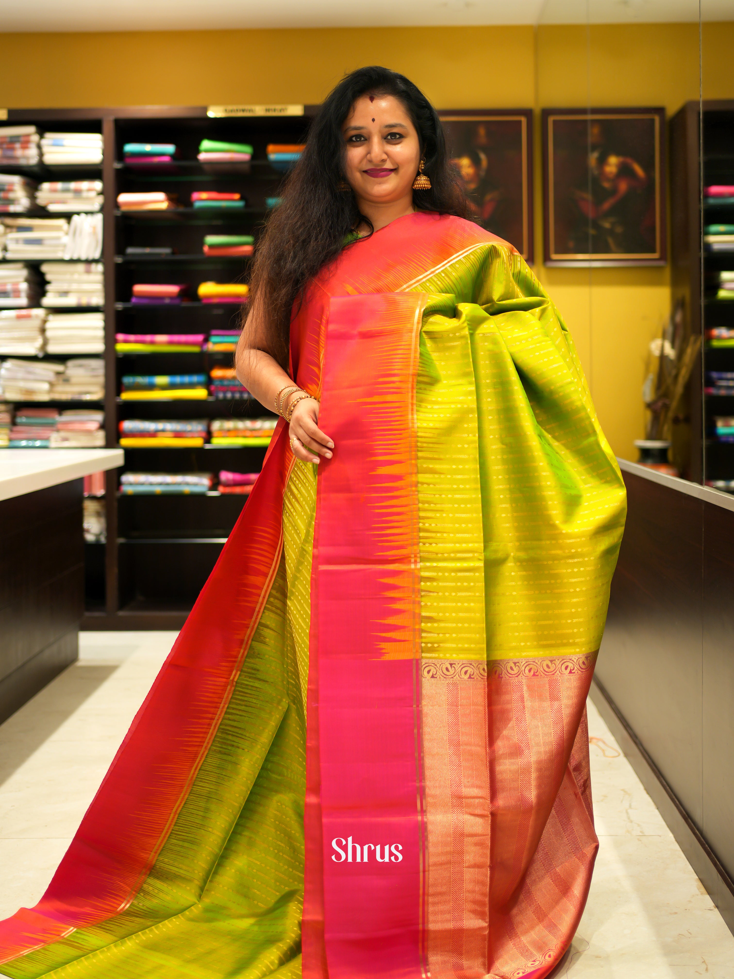 Light Green & Orange - Soft Silk Saree - Shop on ShrusEternity.com