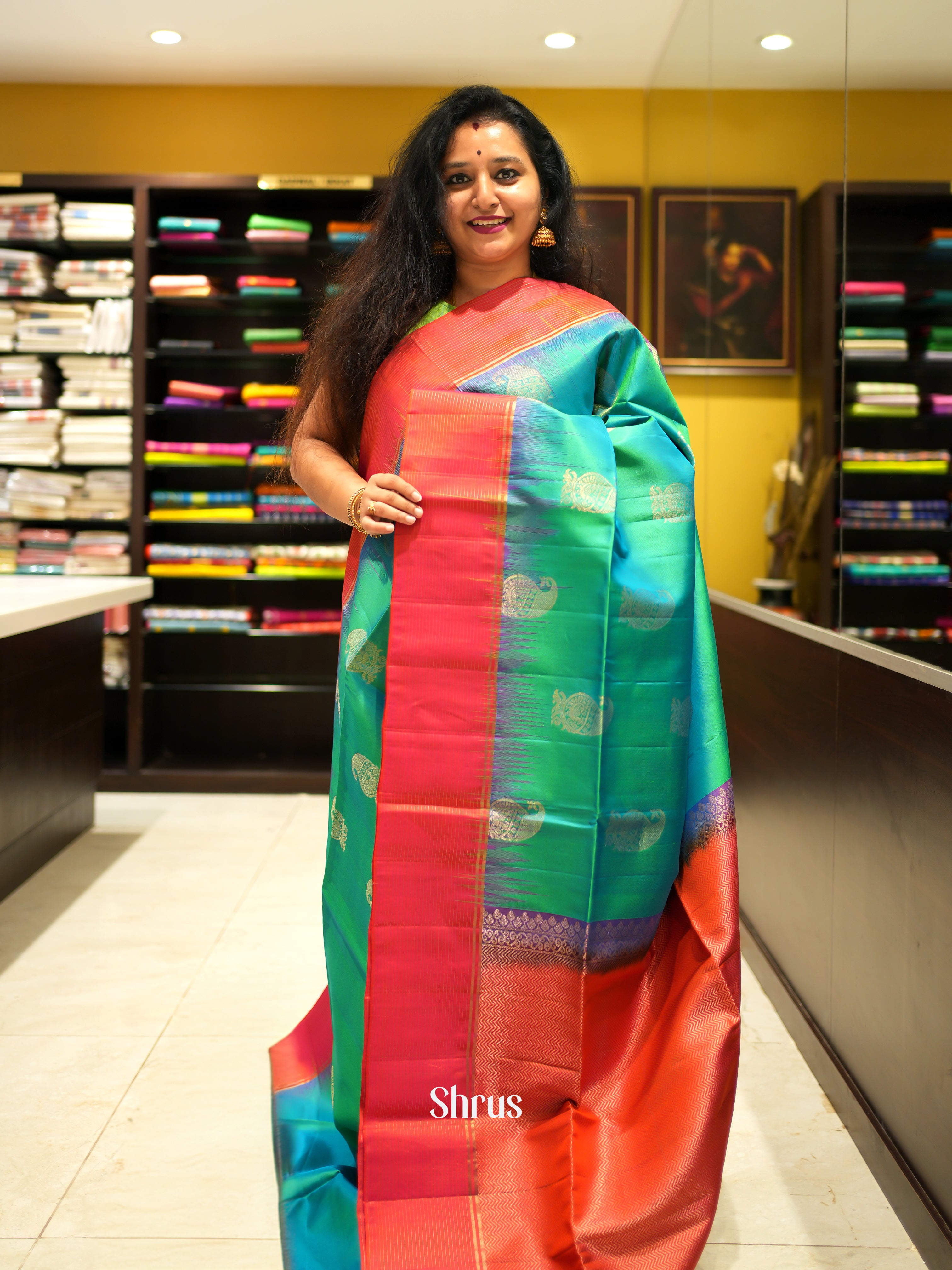 Green & Orangish Pink - Soft Silk Saree - Shop on ShrusEternity.com