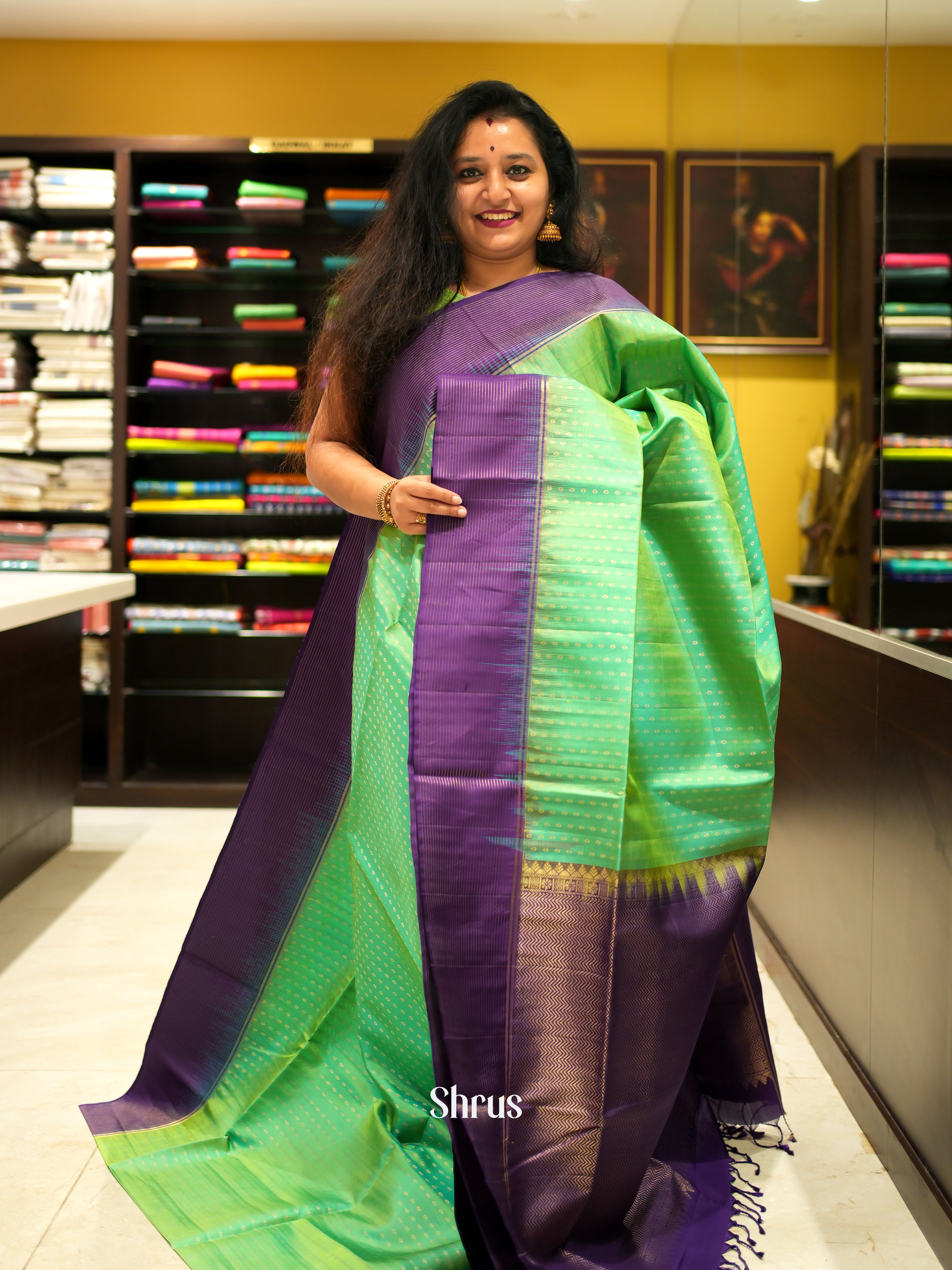 Pista Green & Violet - Soft Silk Saree - Shop on ShrusEternity.com