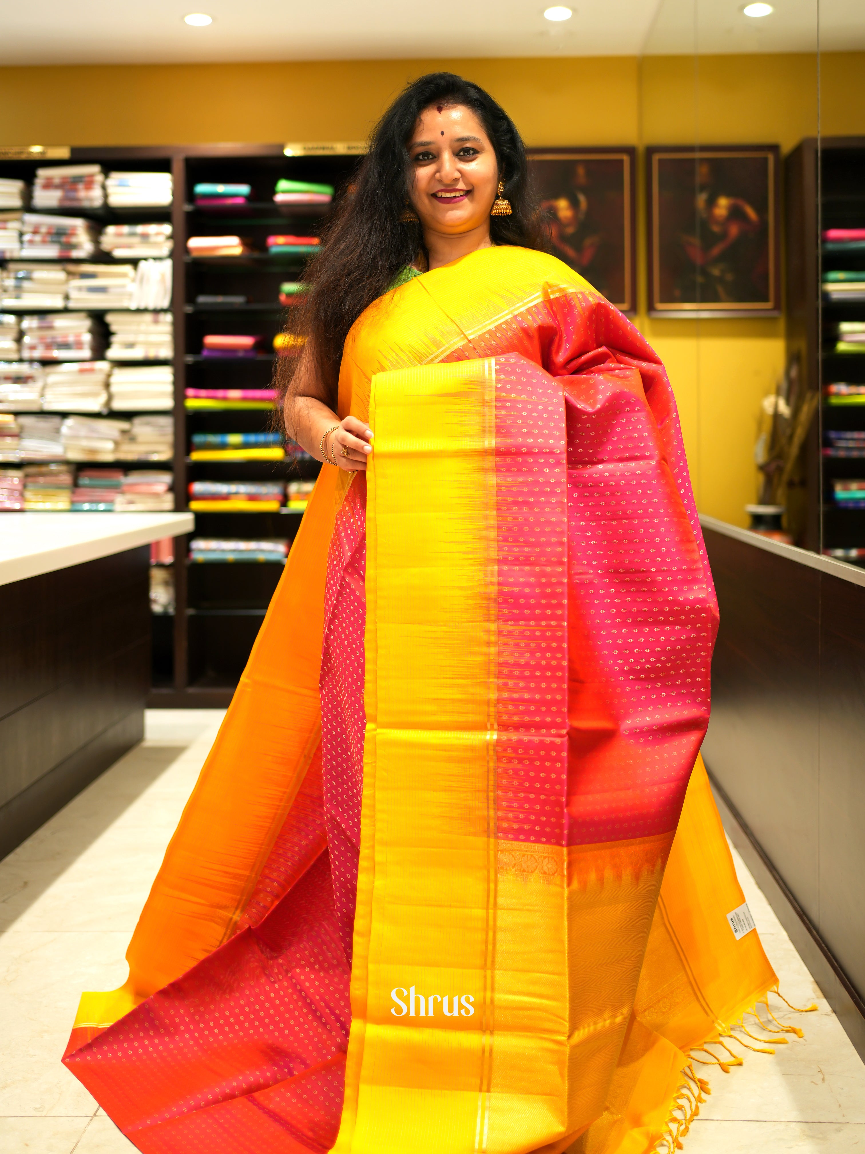 Orangish Pink & Yellow - Soft Silk Saree - Shop on ShrusEternity.com
