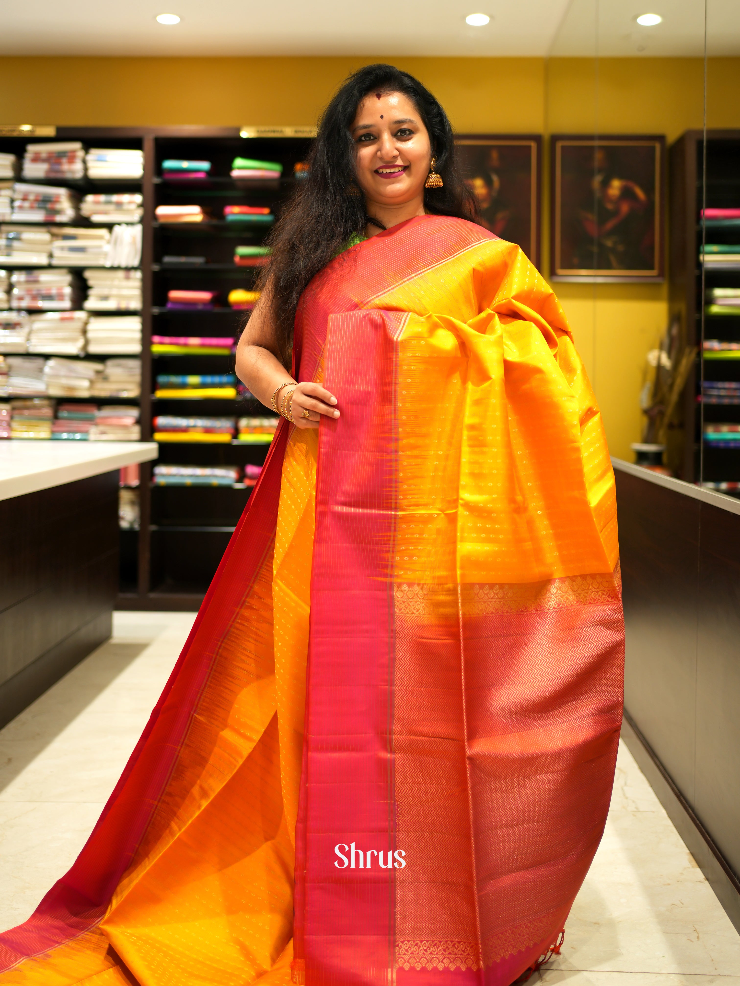 Yellow & Orangish Pink- Soft Silk Saree - Shop on ShrusEternity.com