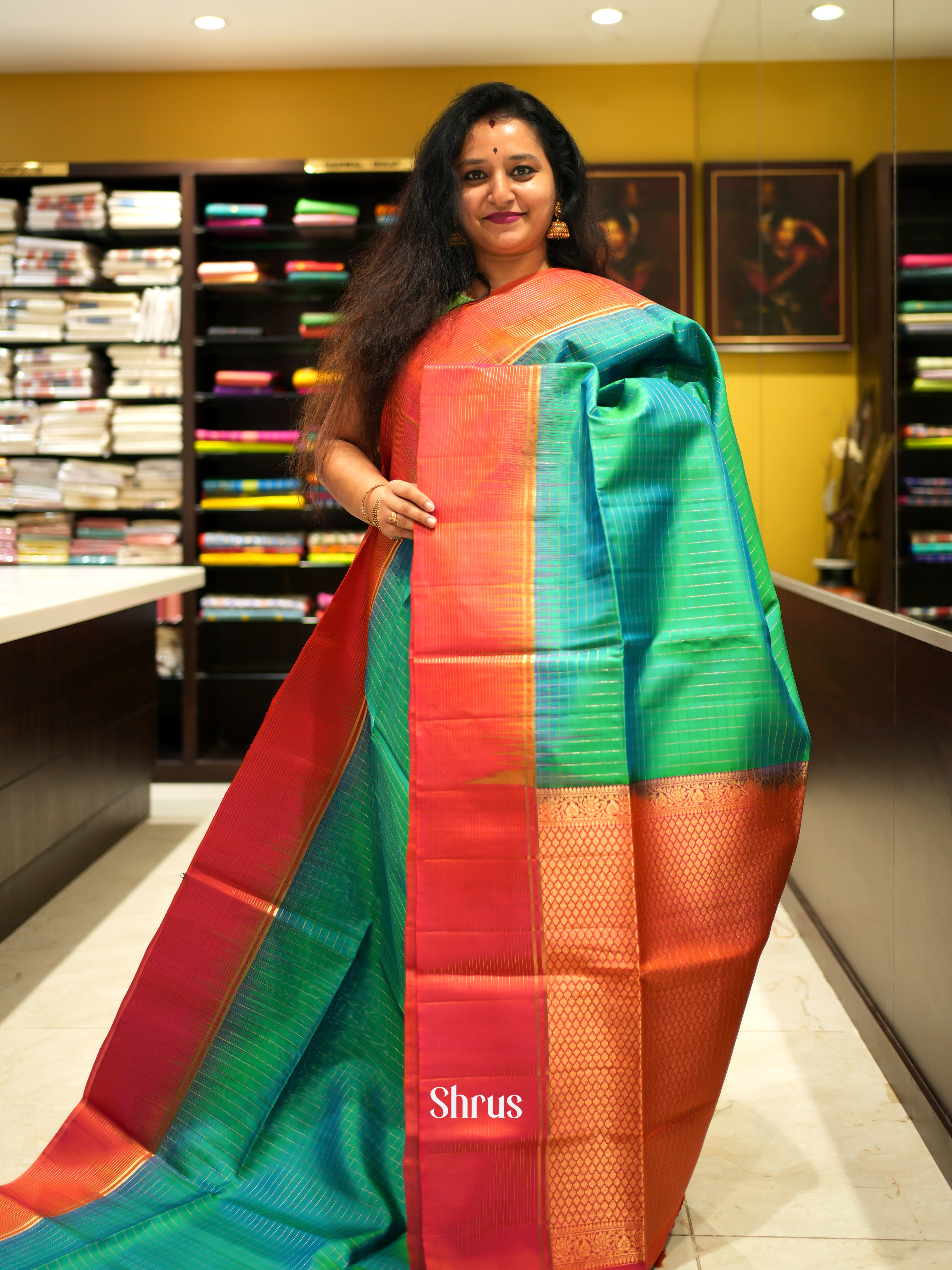 Green & Orange - Soft Silk Saree - Shop on ShrusEternity.com